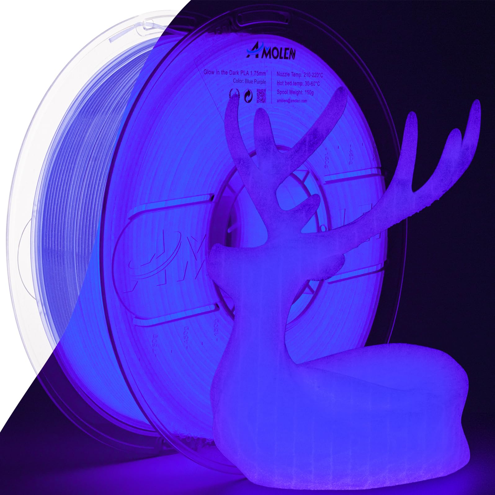 AMOLEN 3D PLA Printer Filament, 1.75mm Glow in The Dark Blue Purple PLA Filament for 3D Printing, Best with UV Lamps, 1kg Spool 