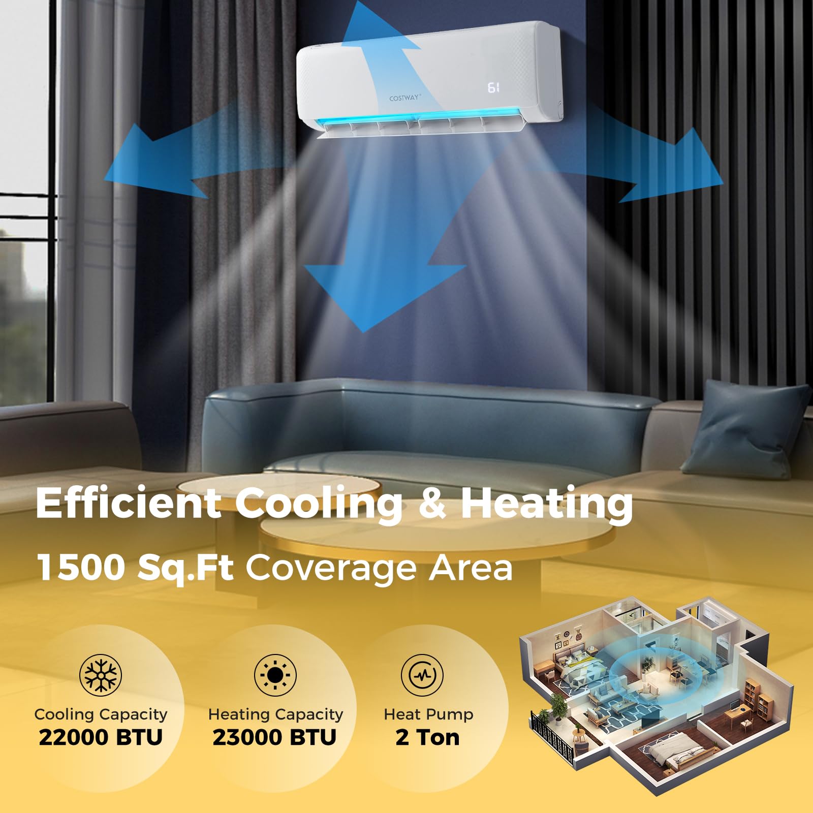 Costway 24000 Btu Mini Split Air Conditioner, Energy Star, With Remote, Compatible With Alexa, Googlehome, Heat Pump, 21 Seer2 I