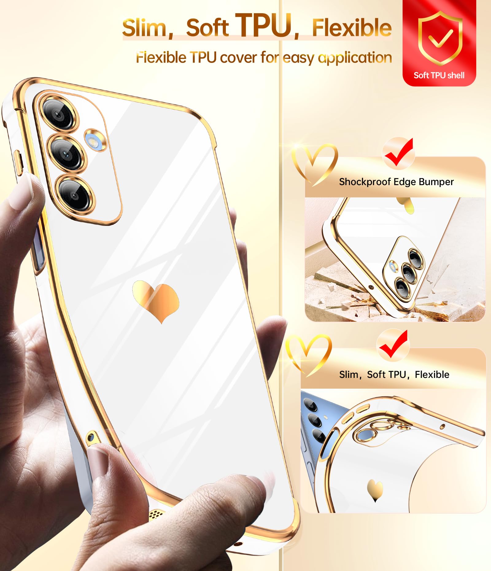 Leyi For Samsung A16 5G Case: With Tempered Glass Screen Protector [2 Pcs]+ Full Camera Lens Protection,Love Heart Plating Women