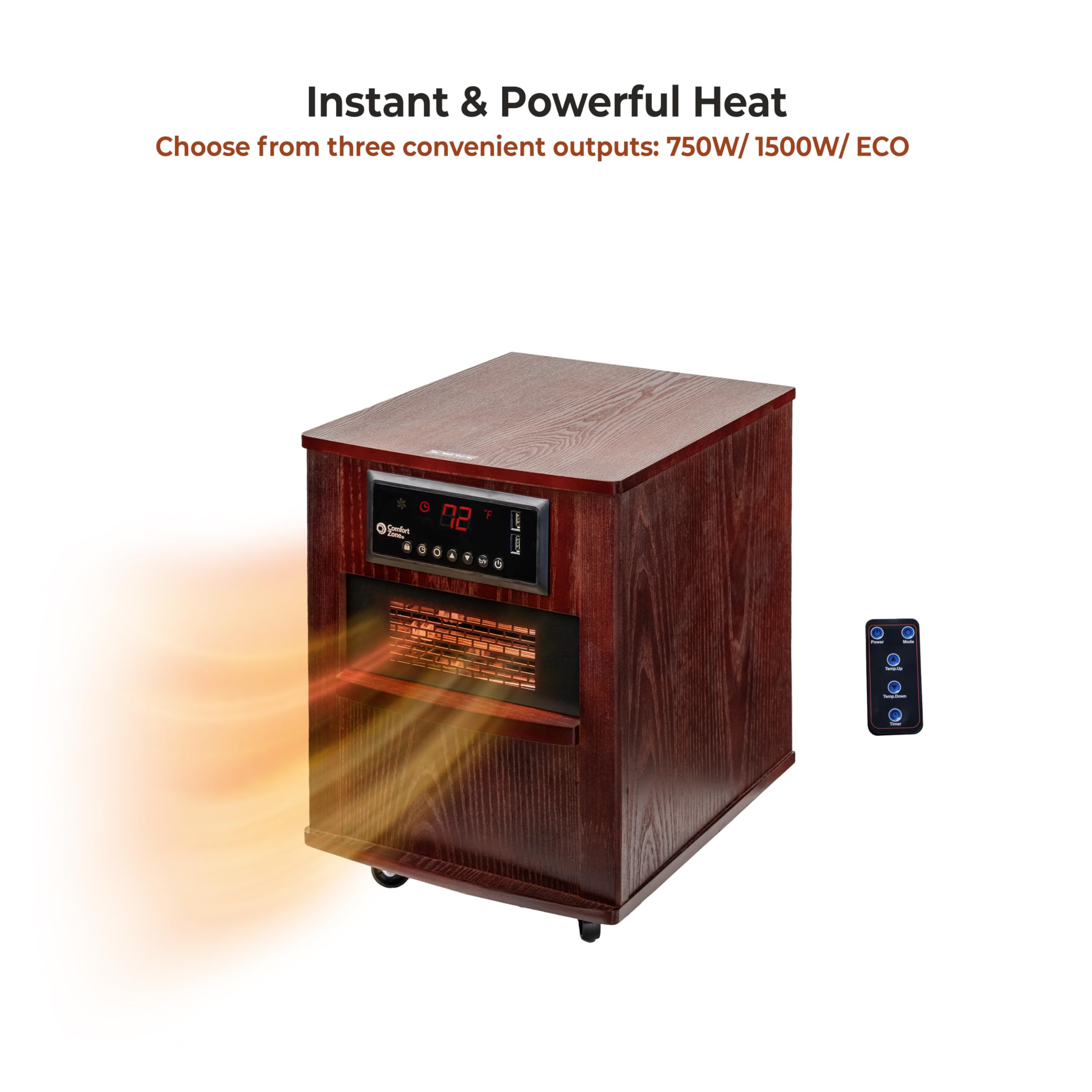 Comfort Zone 1500W Indoor Space Heater, 20" Cherry Cabinet with Remote, Infrared Quartz, USB Ports, Timer & Safety Features, Model CZ2062C