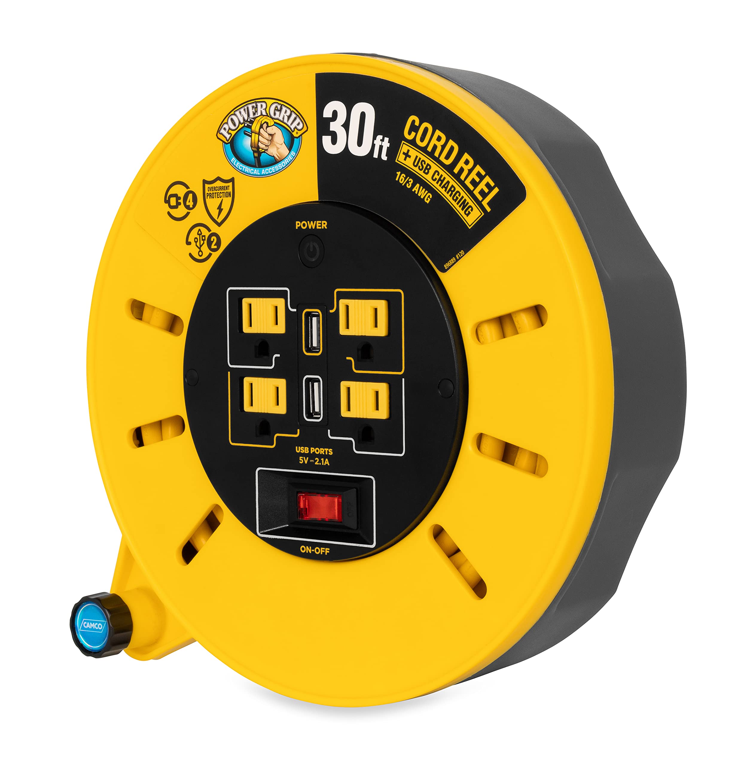 Camco Power Grip 30 Foot Extension Cord Reel With Usb Charging Ports | Provides An Extended Length To Power Your Equipment And D