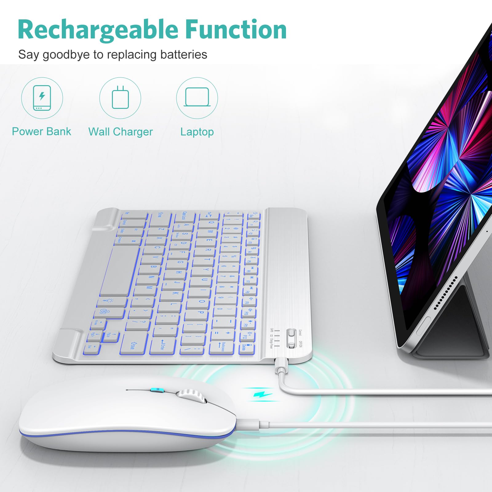 Tecurs Bluetooth Keyboard And Mouse Combo For Ipad, 7 Color Backlit Rechargeable Wireless Keyboard & Mouse Compatible With Ipad