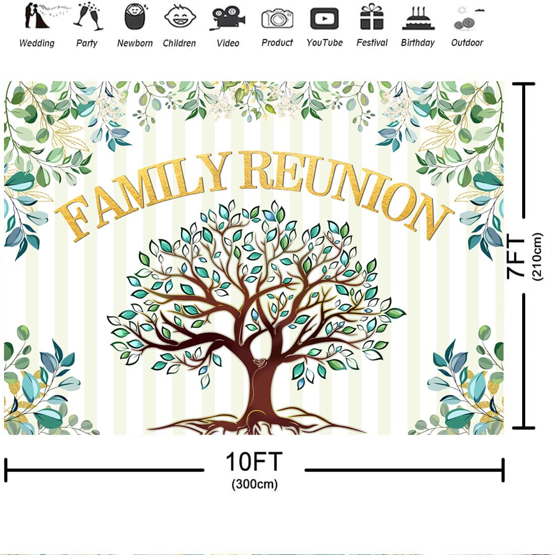 10X7Ft Family Reunion Backdrop Family Tree Leaves Welcome To Our Family Members Photography Background Gathering Gold And Green
