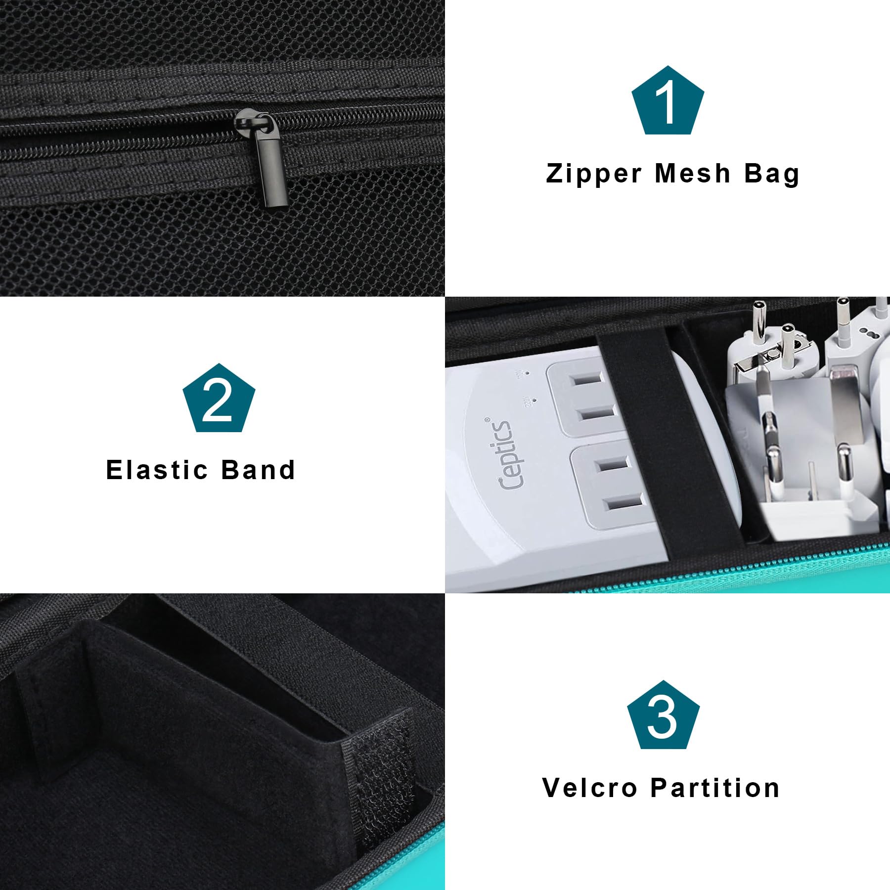 Canboc Travel Carrying Case For Ceptics Universal Travel Adapter Kit, World Travel Adapter Kit Storage Organizer, Zipper Mesh Ba