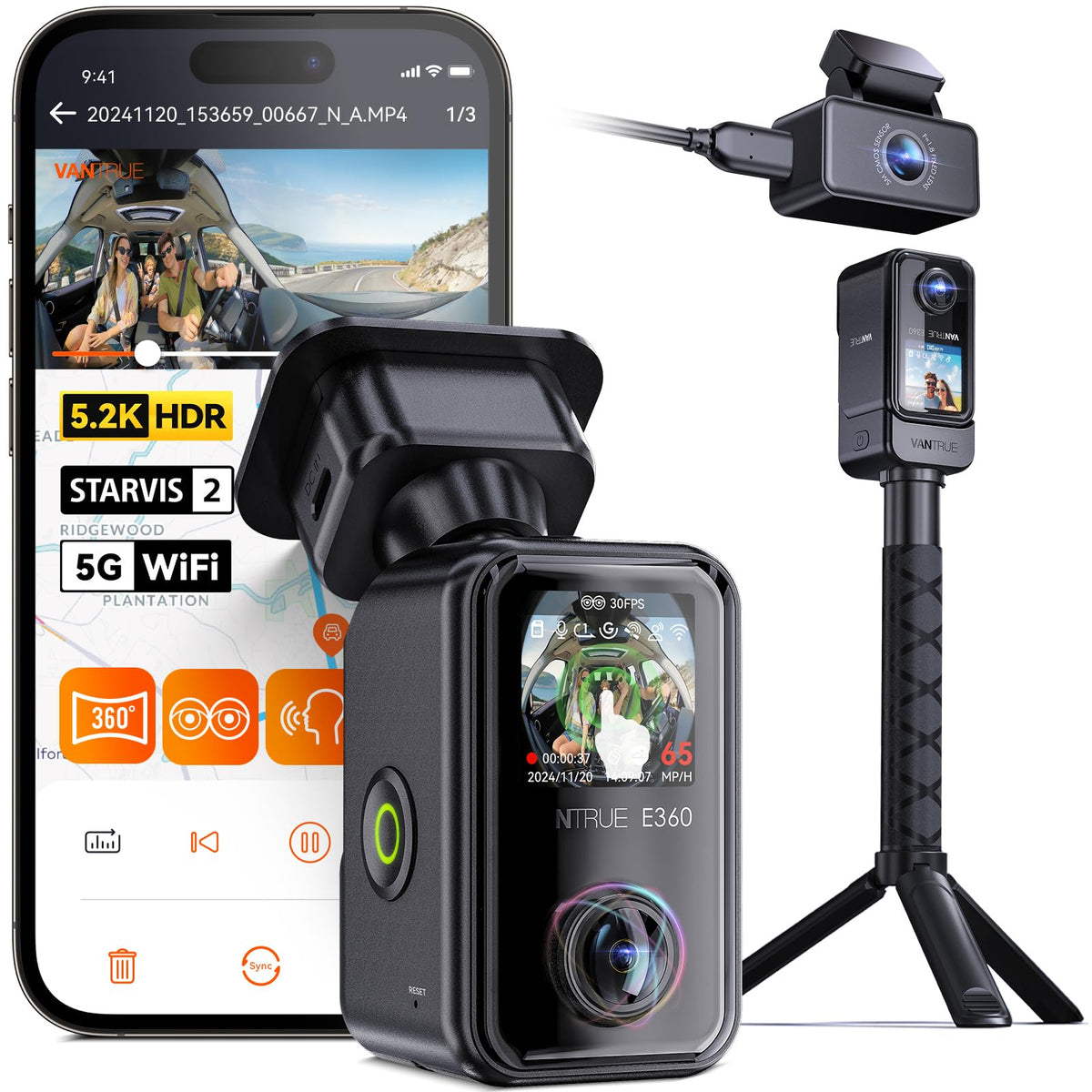 Vantrue E360 Ace 5.2K 360 Panoramic Wifi Dash Cam, Handheld Action Camera, Starvis 2, Hdr, Ir Night Vision, Front Rear Inside Da