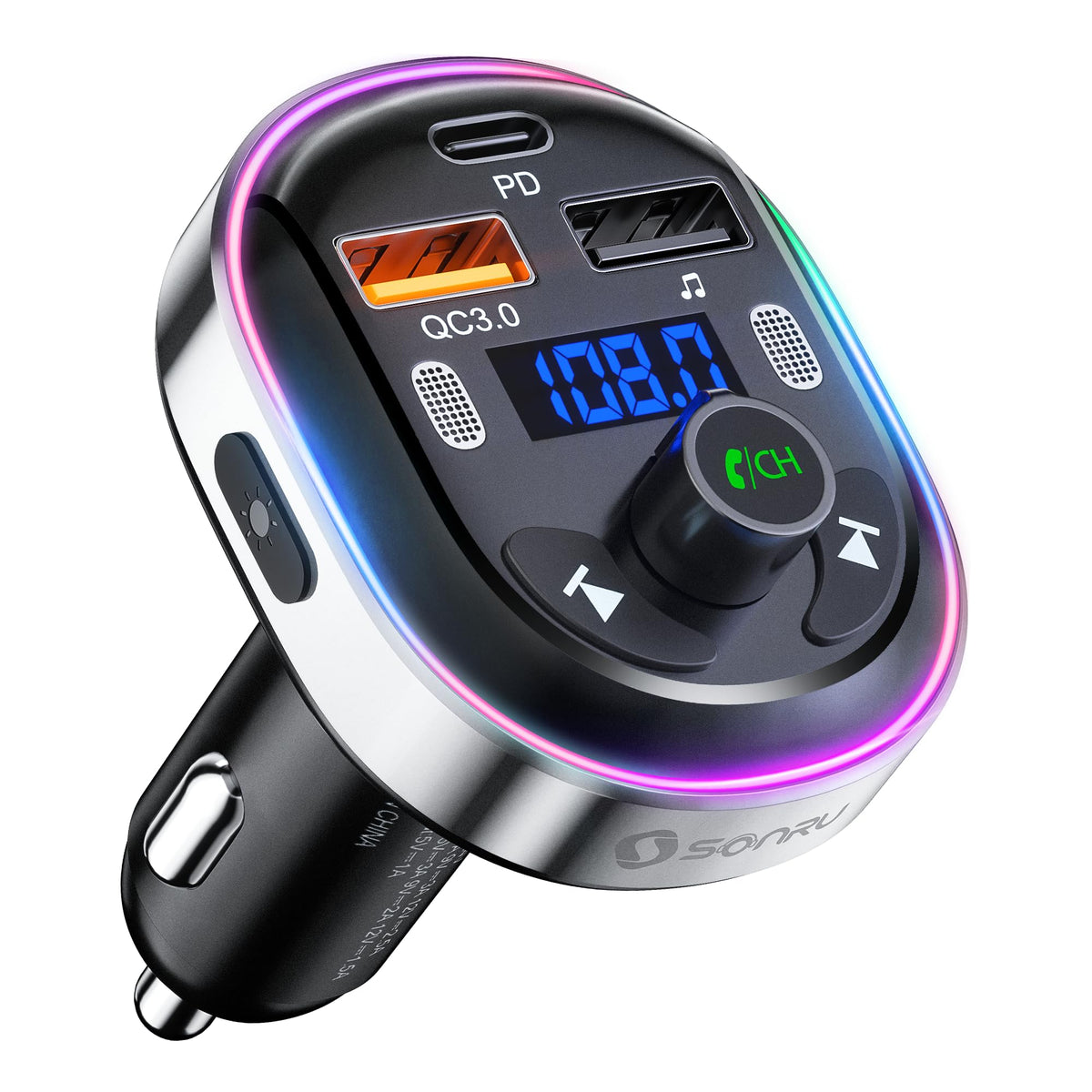 Sonru Bluetooth 5.3 Fm Transmitter For Car, Bluetooth Car Adapter, Pd 30W & Qc3.0 18W Fast Car Charger, Wireless Fm Radio Music 