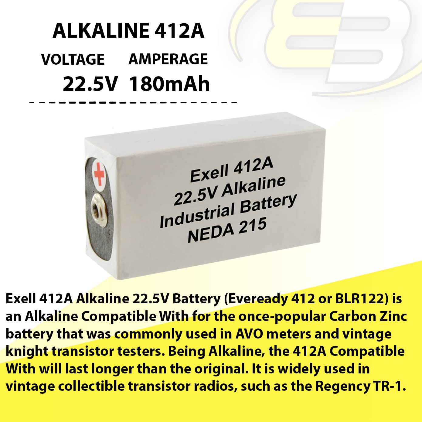 Exell Battery 412A 22.5V Alkaline Battery Fits Replaces Galvanometer, Military Multimeter An/Urm-105, Simpson 269Af, Ray-0-Vac 5