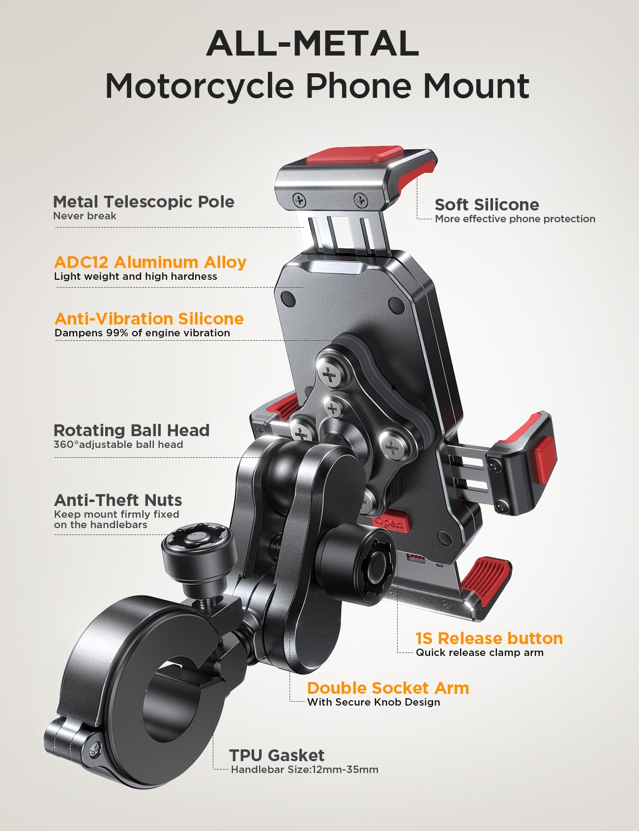 Joyroom Aluminum Alloy Motorcycle Phone Mount With Vibration Dampener, Phone Holder For Harley Bike, Bicycle, Scooter, Atv/Utv,