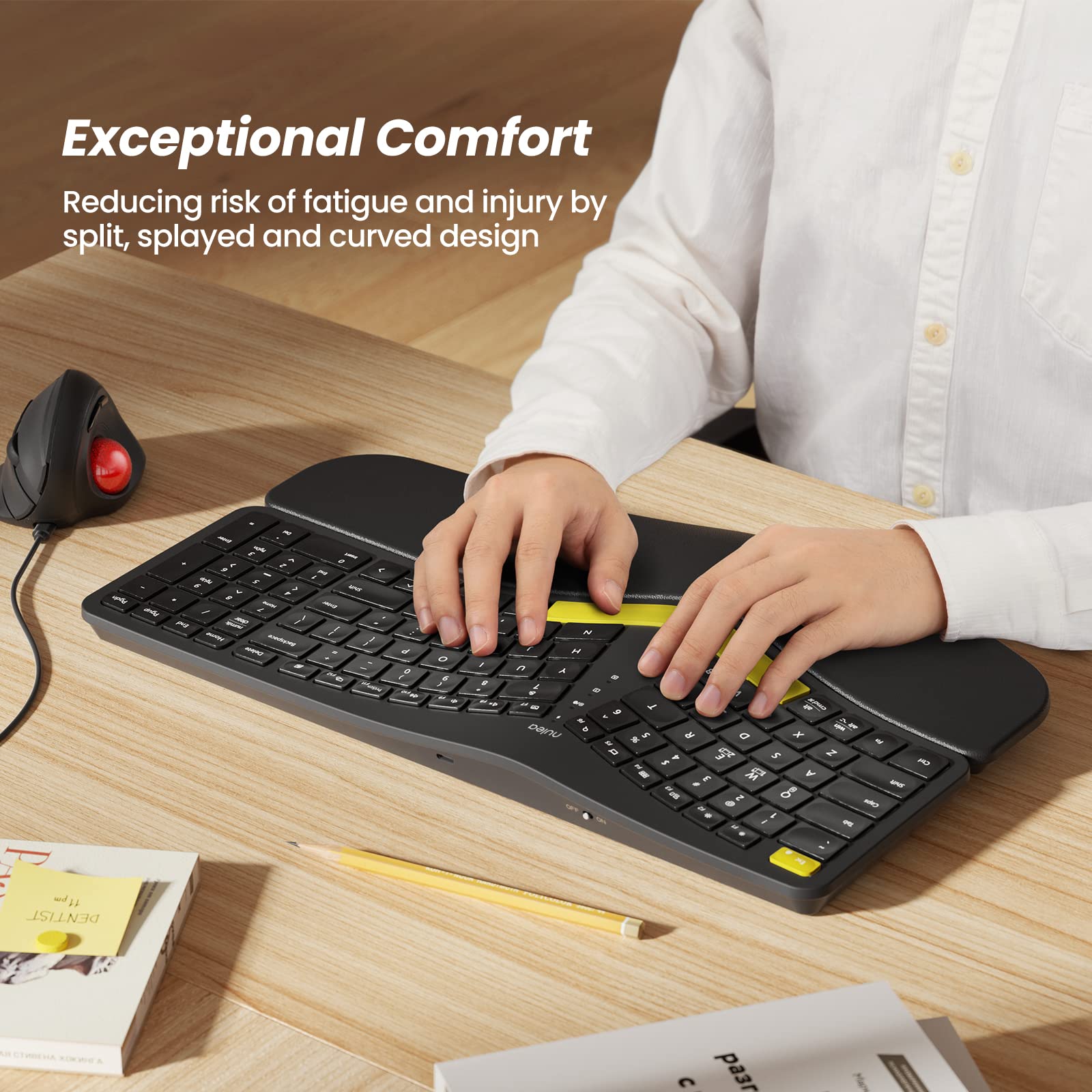 Nulea Wireless Ergonomic Keyboard RT05 - Split Design, USB-C Charging, 7-Color Backlight, Black, Bluetooth & USB Compatible