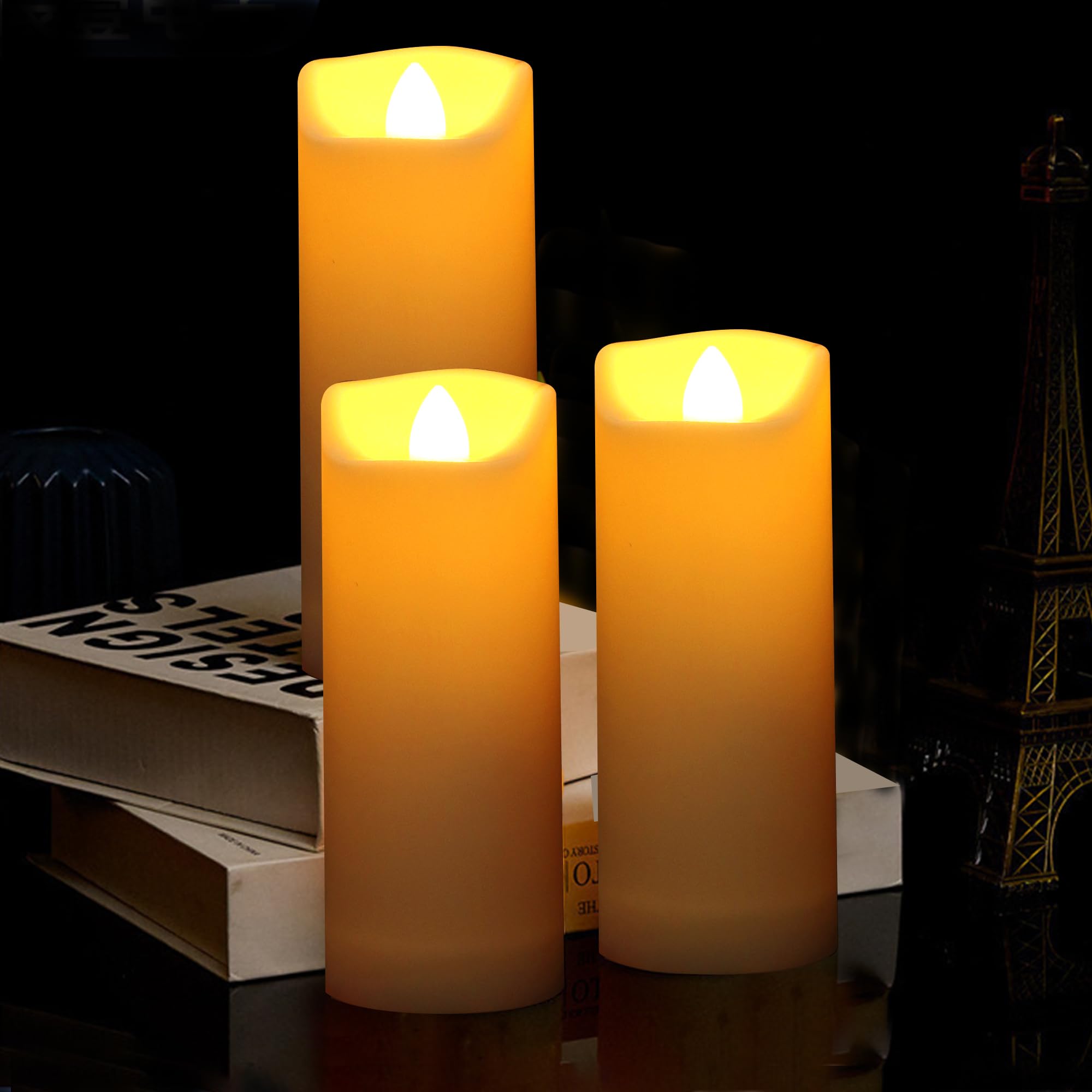 Battery Operated Flameless Led Pillar Candle With Remote Cycling Timer, Realistic Plastic Electric Tall Flickering Light For Ind