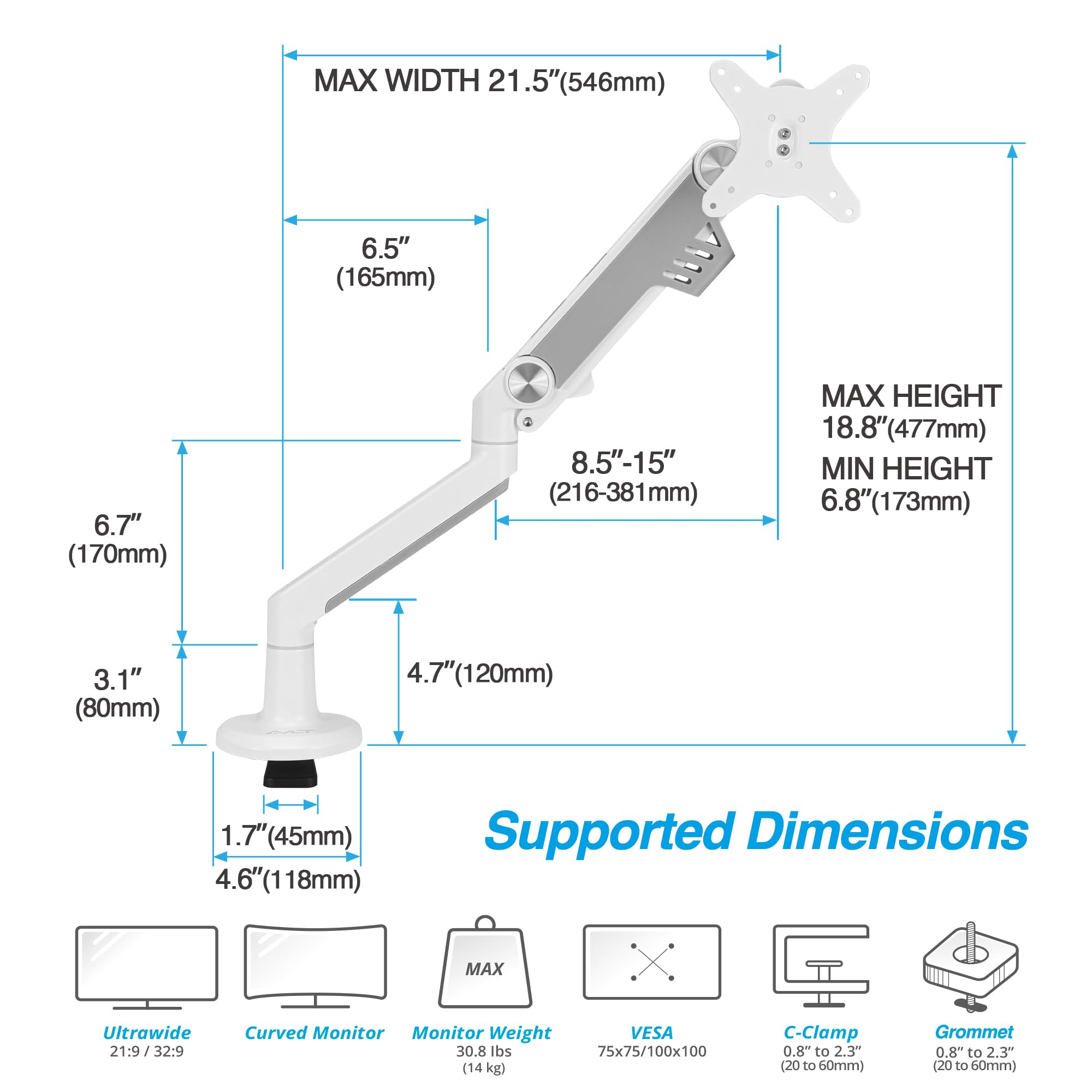 Avlt Single 13'' 38'' Monitor Arm Desk Mount Fits One Flat/Curved/Ultrawide Monitor Full Motion Height Swivel Tilt Rotation Adju