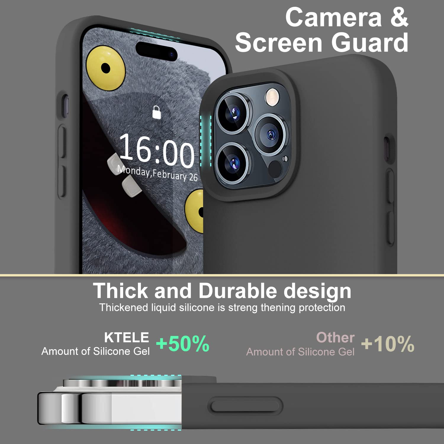 Ktele iPhone 14 Pro Max Shockproof Liquid Silicone Case with Camera Protection Space Grey