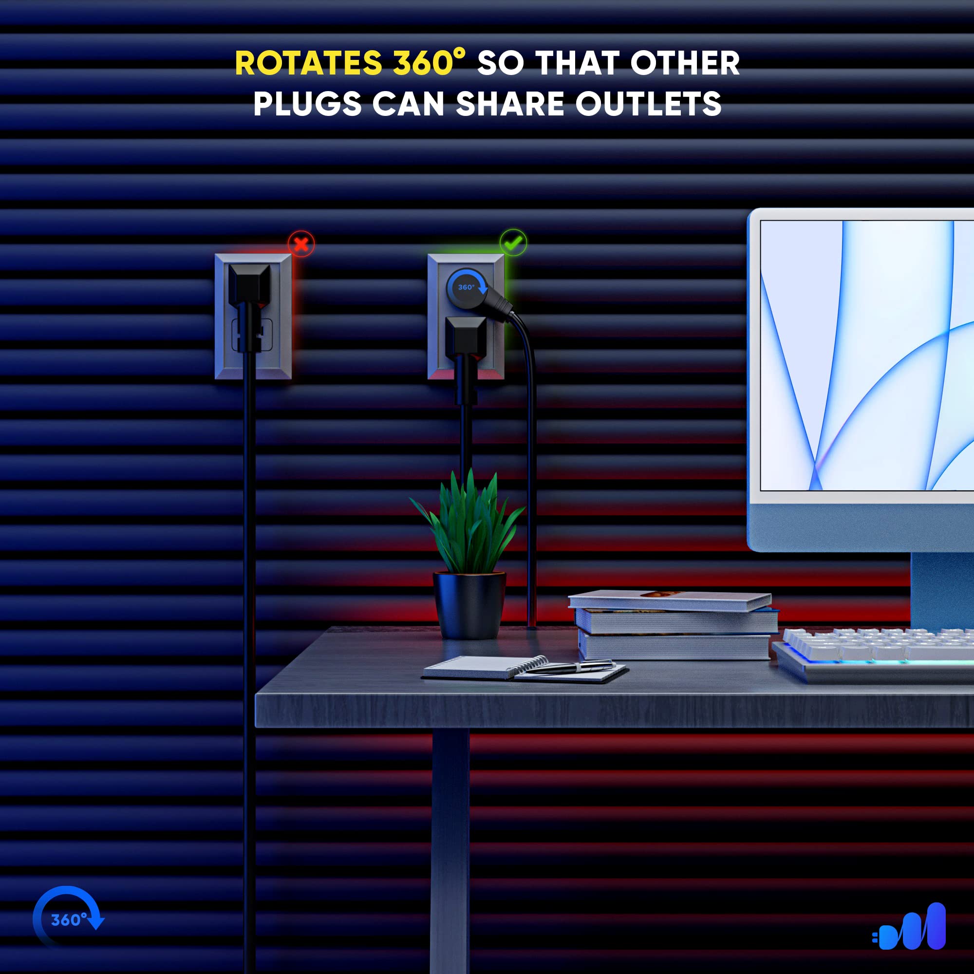 Maximm Cable 25 Feet 360? Rotating Flat Plug Extension Cord/Wire, 3 Prong Grounded Wire 16 Awg Power Cord   Black Ul Certified