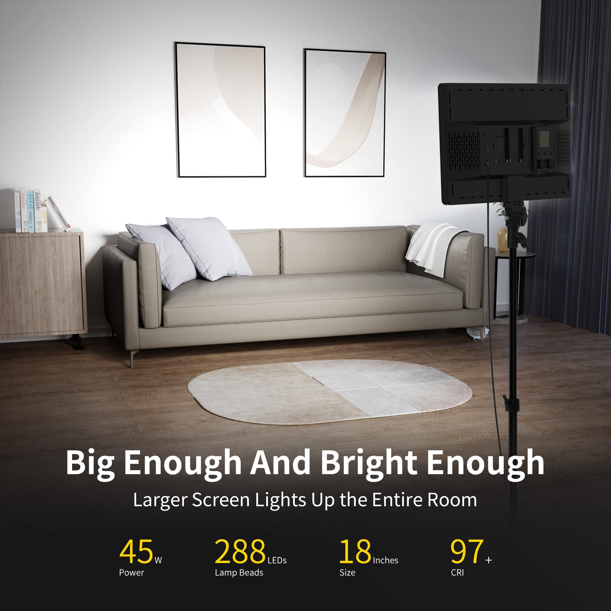 Raleno 45W Led Video Light,18'' Continuous Output Lighting With 2.4G Remote,Cri97 Brightness Bi Color 3200 5600K Adjustment On C