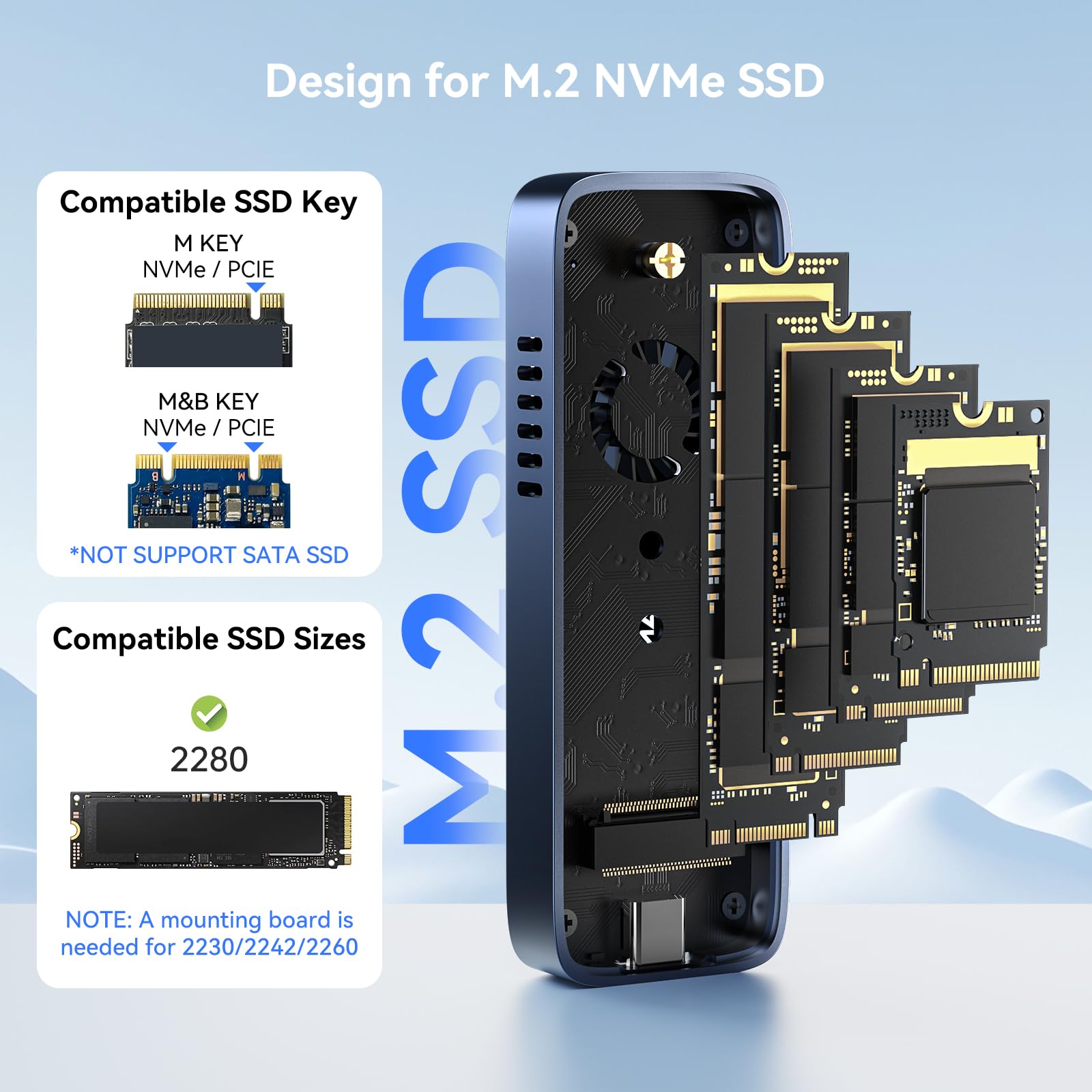 Anyoyo M.2 Nvme Ssd Enclosure, Usb 3.2 Gen 2 10Gbps Ssd Enclosure With Cooling Fan For 2230 2242 2260 2280 M.2 Nvme Ssd With M K