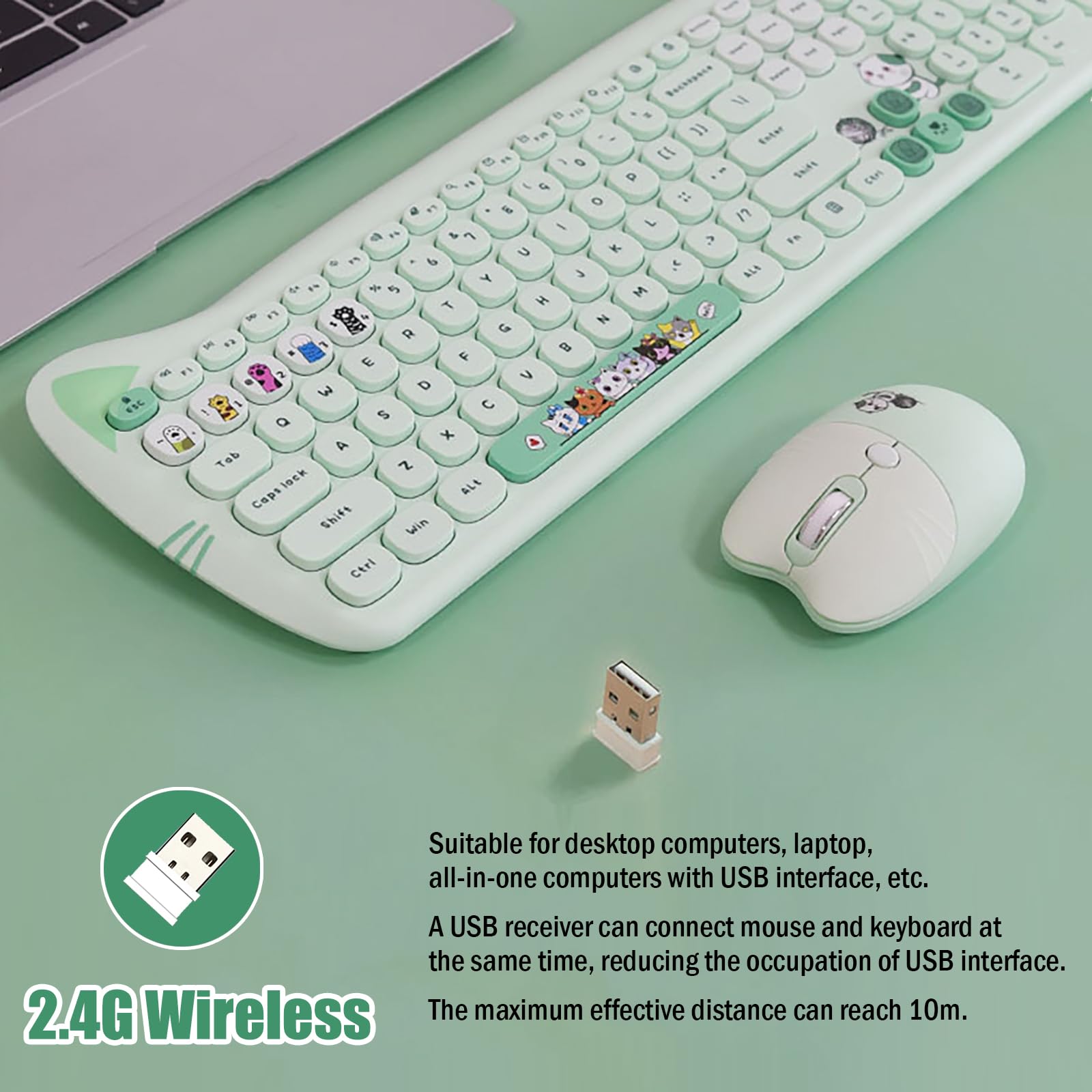 Cute Cat 2.4G Usb Wireless Keyboard And Mouse Combo, Silent Keys, Candy Colors, Compatible With Notebook, Pc (Green 110Keys)