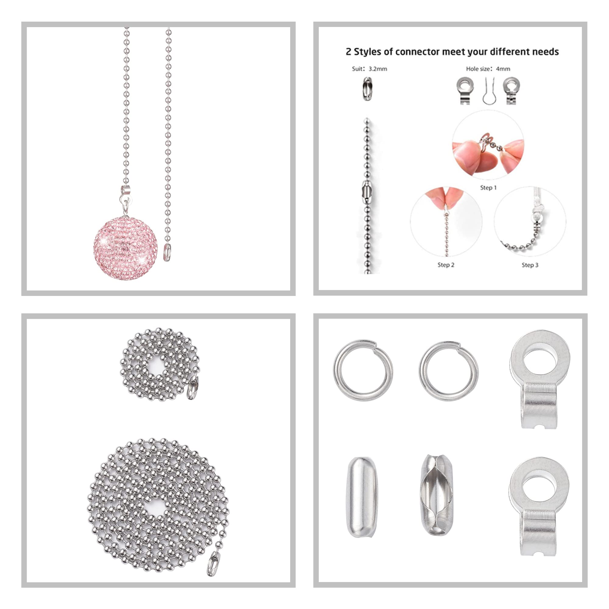2 Pieces Light Rose Rhinestone Clay Beads Pull Chain Rhinestone Ball Pull Chain Extension For Ceiling Fan Light Pendant Decorati