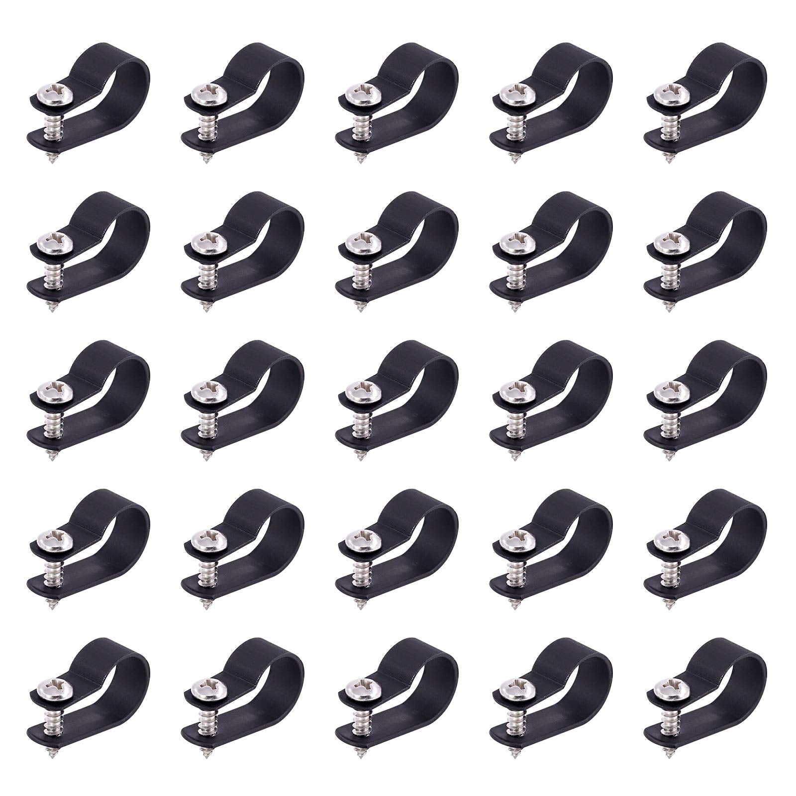 Swpeet 60 Pack Black 5/8 Inch Nylon Plastic R Type Cable Clips Clamp Kit, Nylon Screw Mounting Cord Fastener Clips With 60 Pack 