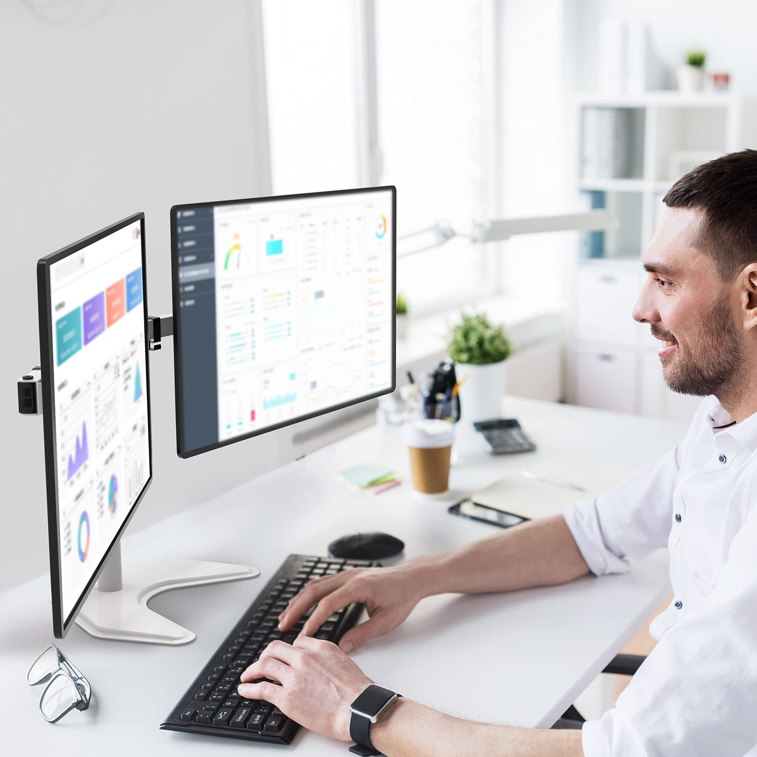 WALI Dual Monitor Stand, Free Standing Desk Mount for 2 Monitors up to 27 inch, 22 lbs. Weight Capacity per Arm, Fully Adjustable with Max Mounting Pattern 100x100mm (MF002 W), White