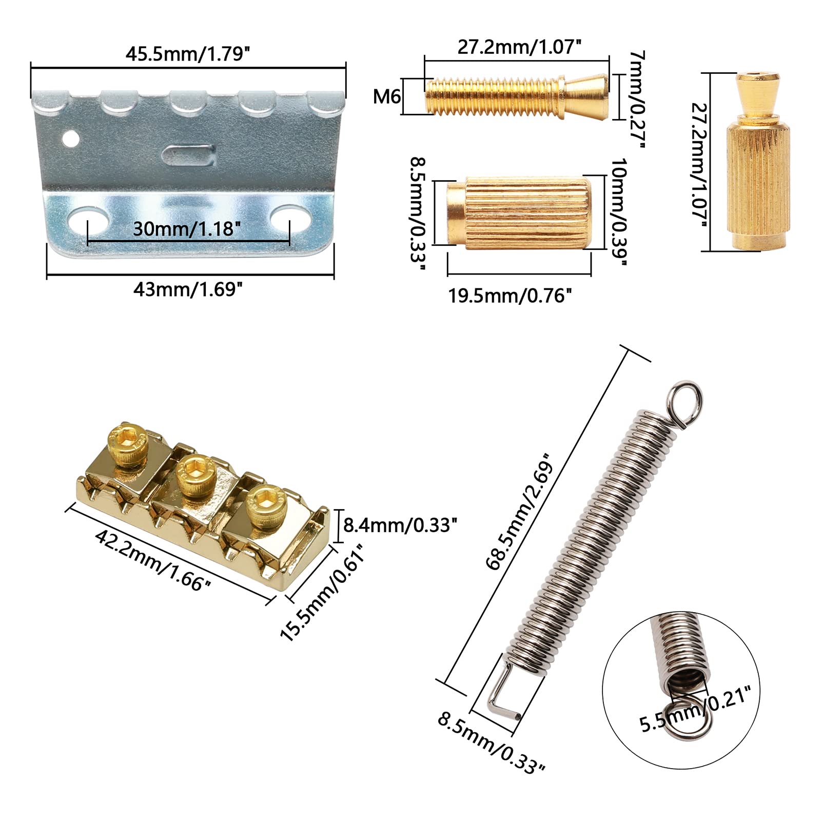 Swhmc Bridge Locking Nut 6 Strings Electric Guitar Tremolo Bridge Set For Floyd Rose Type, Gold