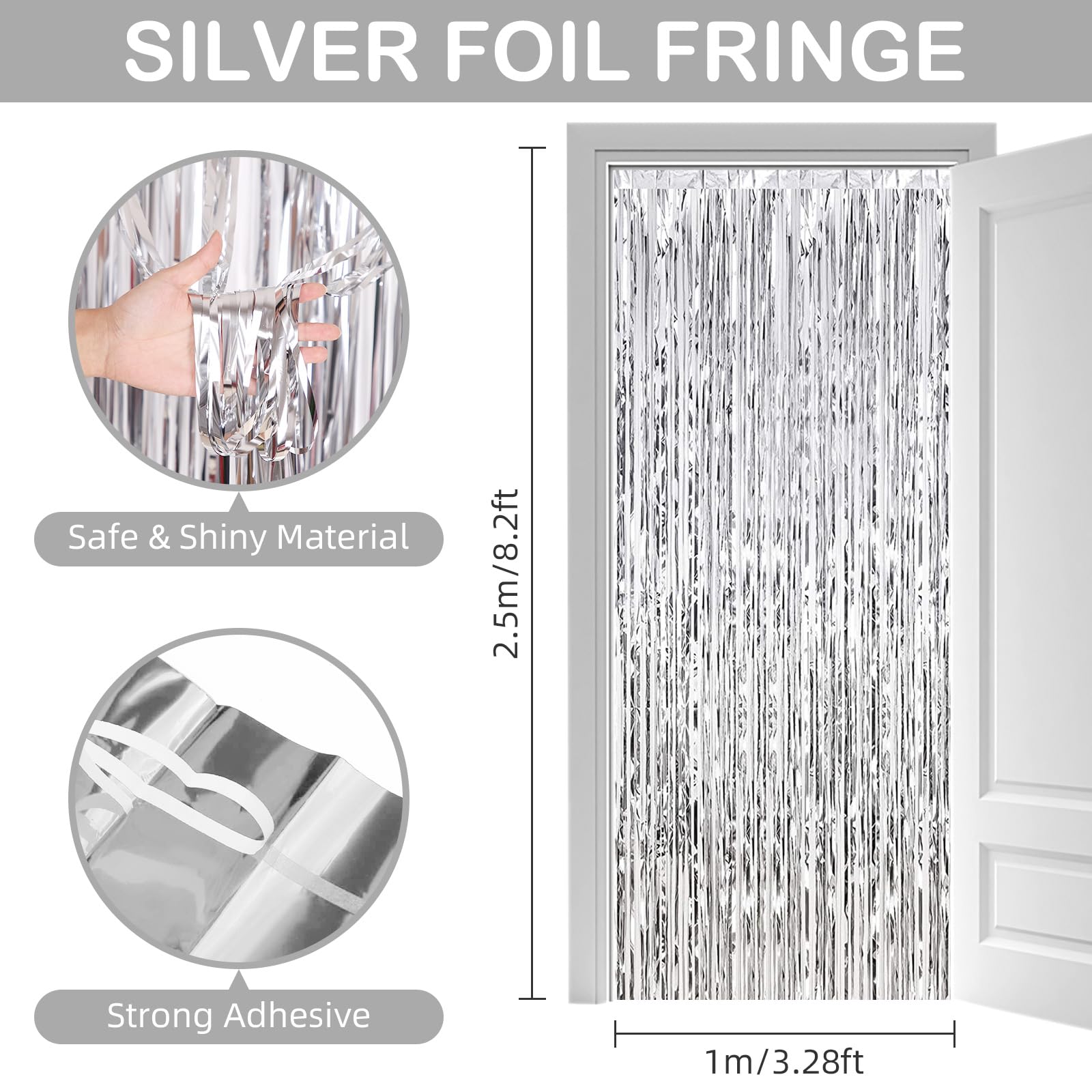 Silver Fringe Curtain Party Streamers, 12 Pack 3.3Ft X 8.2Ft Foil Curtain Backdrop Tinsel Foil Fringe Curtains Photo Booth Backd
