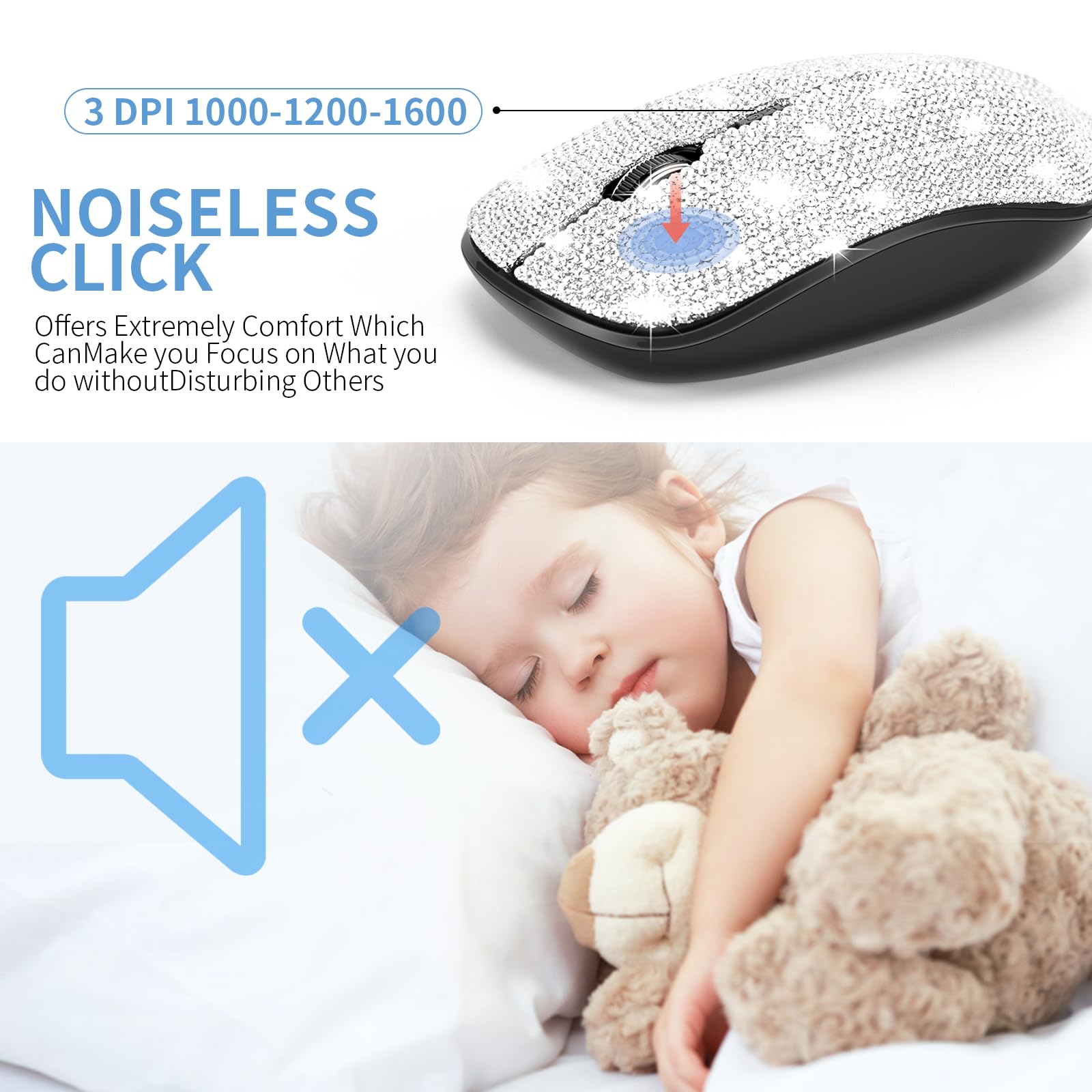 Dazzling Luxury Keyboard And Mouse Wireless, Sparkly Bling Rhinestone Wireless Mouse And Keyboard Gift Set (Silver)