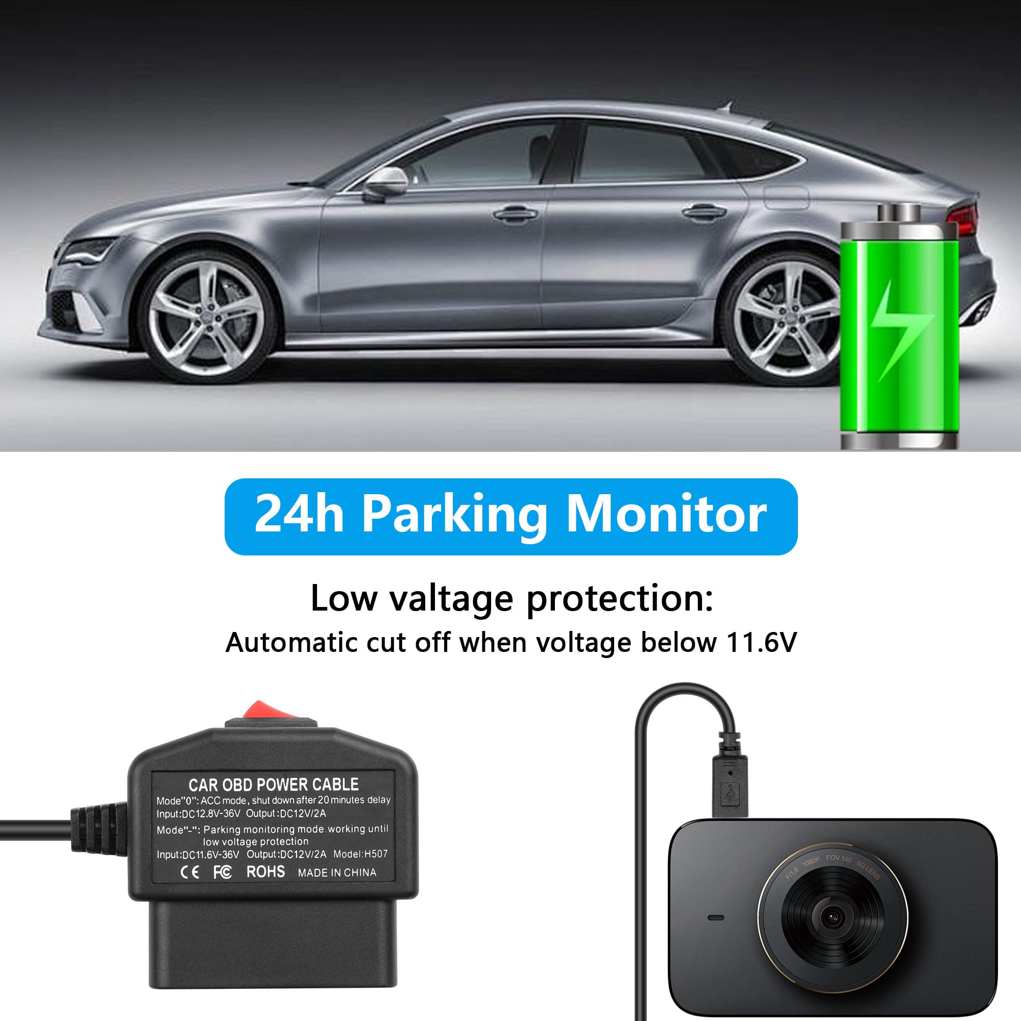 Cerrxian Obd Power Cable For Dash Camera Obd2 To Type C Adapter Hardwire Charger Cable 24 Hours Surveillance/Acc Mode With Low V