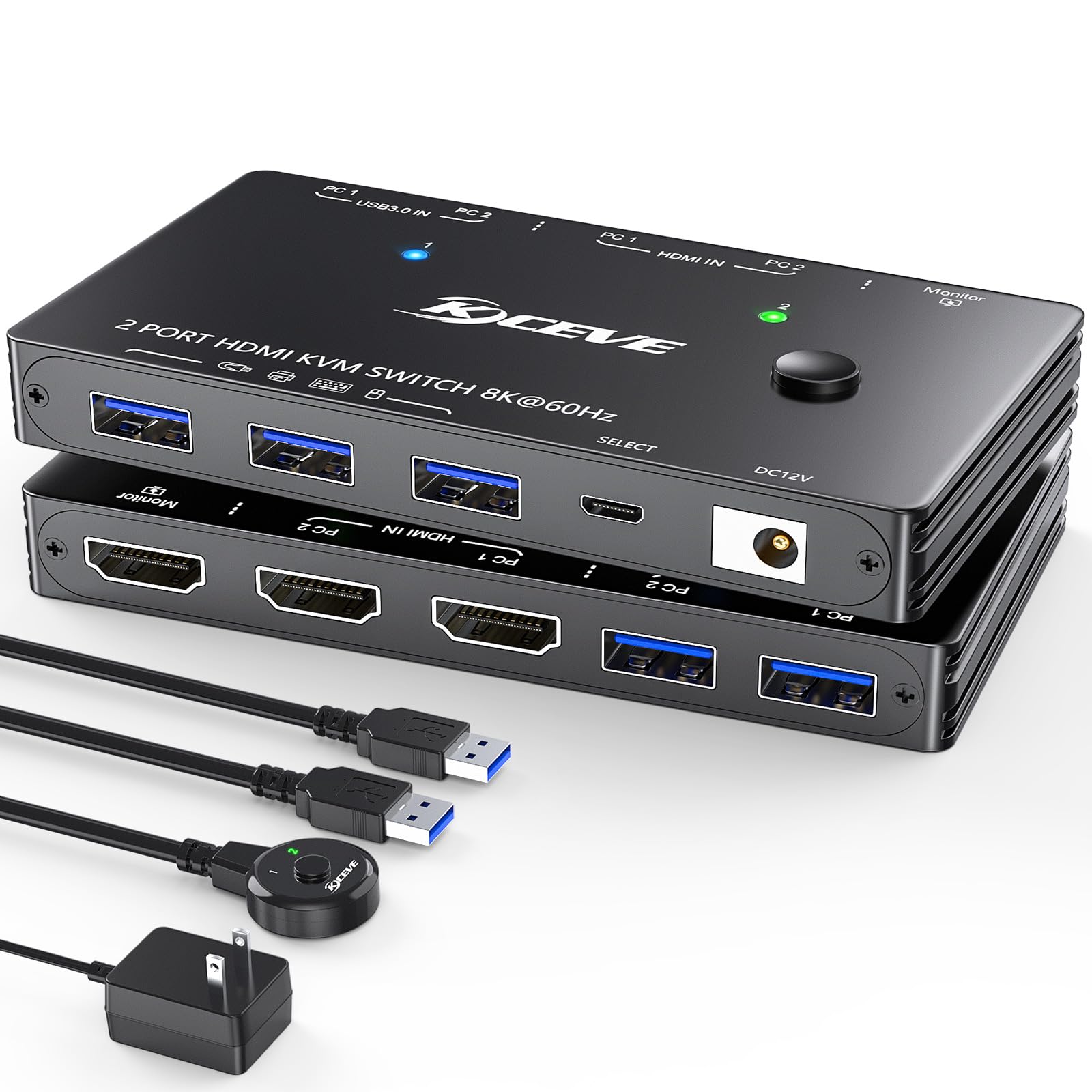 Usb 3.0 Kvm Switch Hdmi 8K@60Hz With 3 Usb3.0 Switch For 2 Computers Sharing 1 Monitor Keyboard Mouse With 2 Usb Cables, Power A