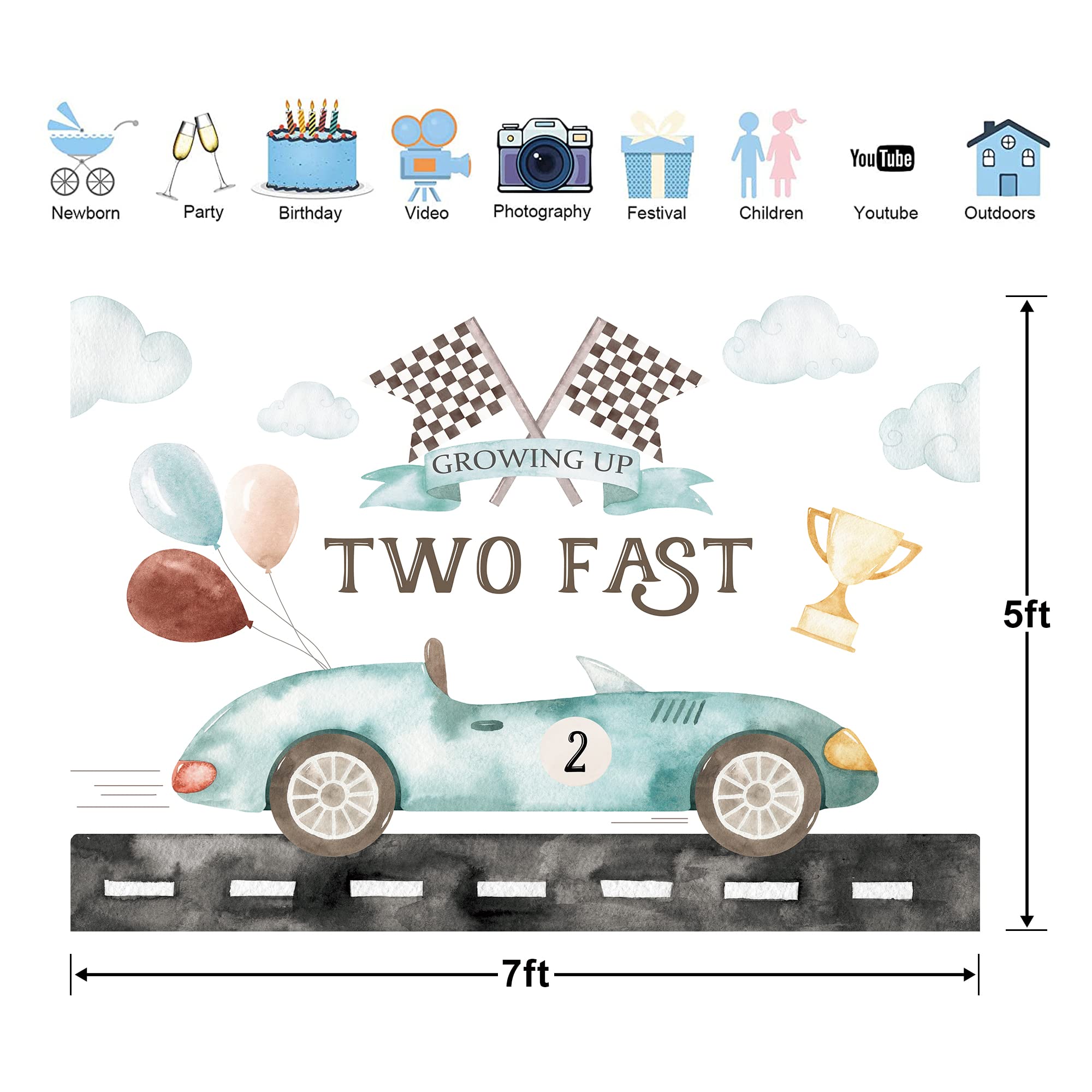 Glawry Two Fast 2Nd Birthday Backdrop For Boy 7Wx5H Feet Boho Watercolor Race Car Balloons Cup Cool Cartoon Clouds Flags Road 2N
