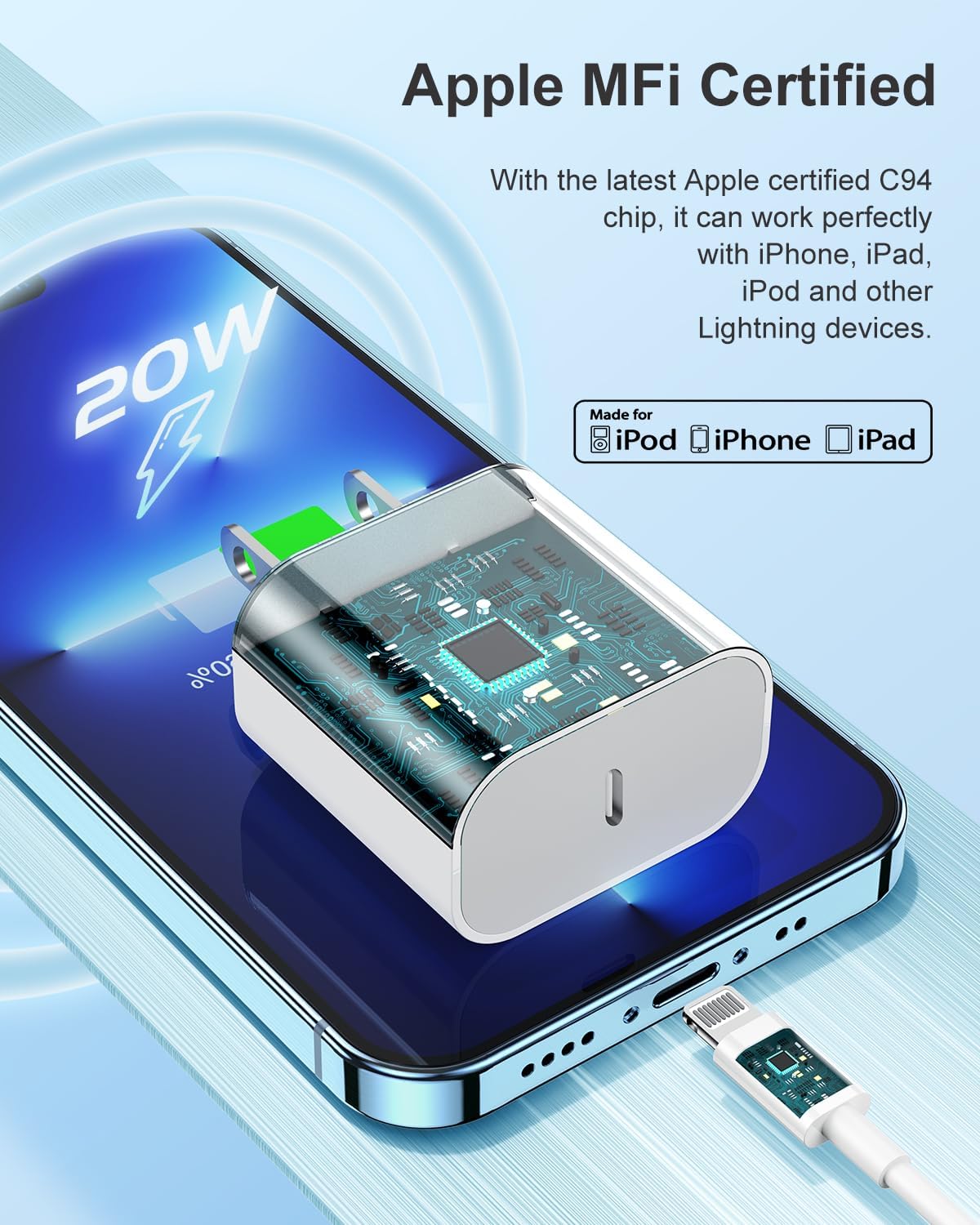 Susnwere Iphone 14 13 12 Charger Fast Charging, 2 Pack 20W Fast Pd Usb C Wall Charger Adapter With 3Pack 6Ft Usb C To Lightning