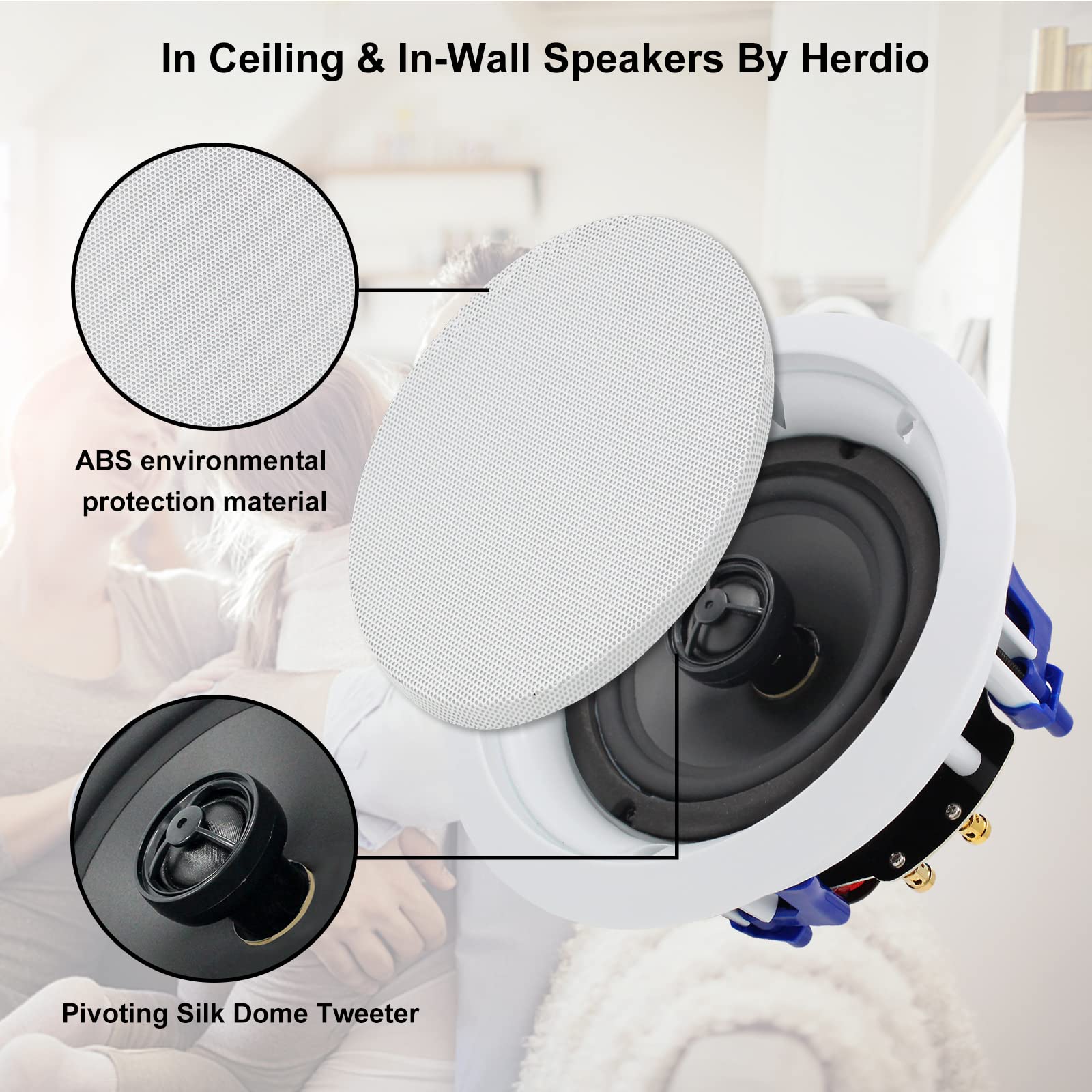 Herdio 5.25 Inch Bluetooth Ceiling Speakers Max Power 600W 2 Way Flush Mount Plus Wall Mount Amplifier Receiver Perfect For Home