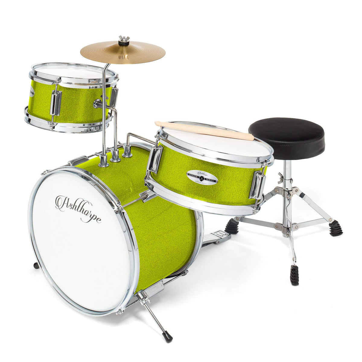 Ashthorpe 3-Piece Complete Junior Drum Set - Beginner Kit With 14"" Bass, Adjustable Throne, Cymbal, Pedal & Drumsticks - Green