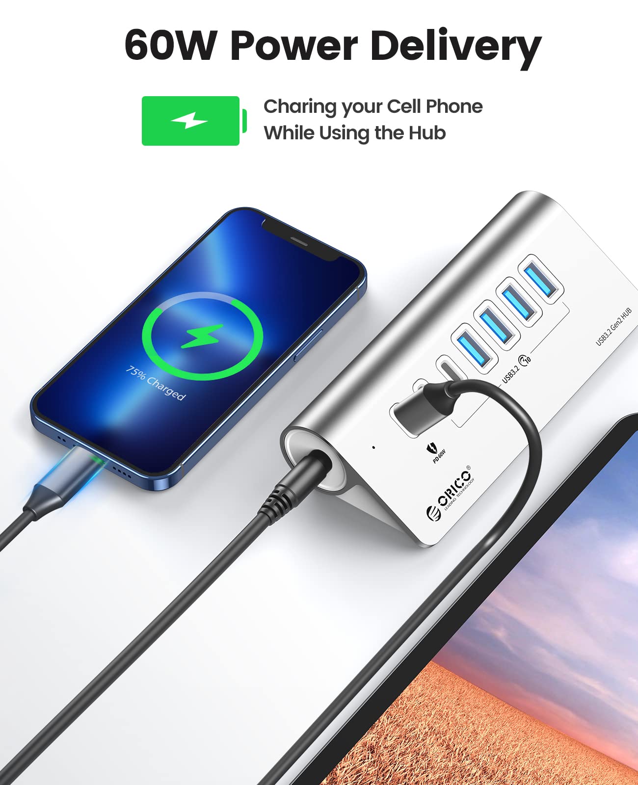 Orico Powered Usb Hub 10Gbps, 7 Ports Usb 3.2 Gen 2 Hub, 6 Usb 3.2 Data Ports, 60W Pd Charging Ports, 24V 3A Power Adapter, 1.64