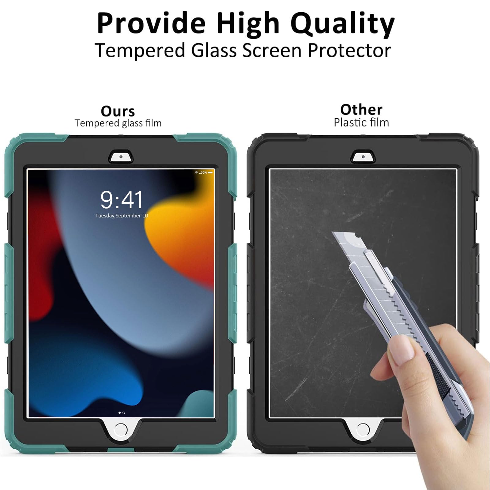 Ambison Case For Ipad 9Th/8Th/7Th Generation 10.2'' 2021/2020/2019, [Kid Proof] Full Body Protective Case With 9H Tempered Glass Screen Protector, 360� Rotatable Kickstand & Hand Strap (Teal & Black)
