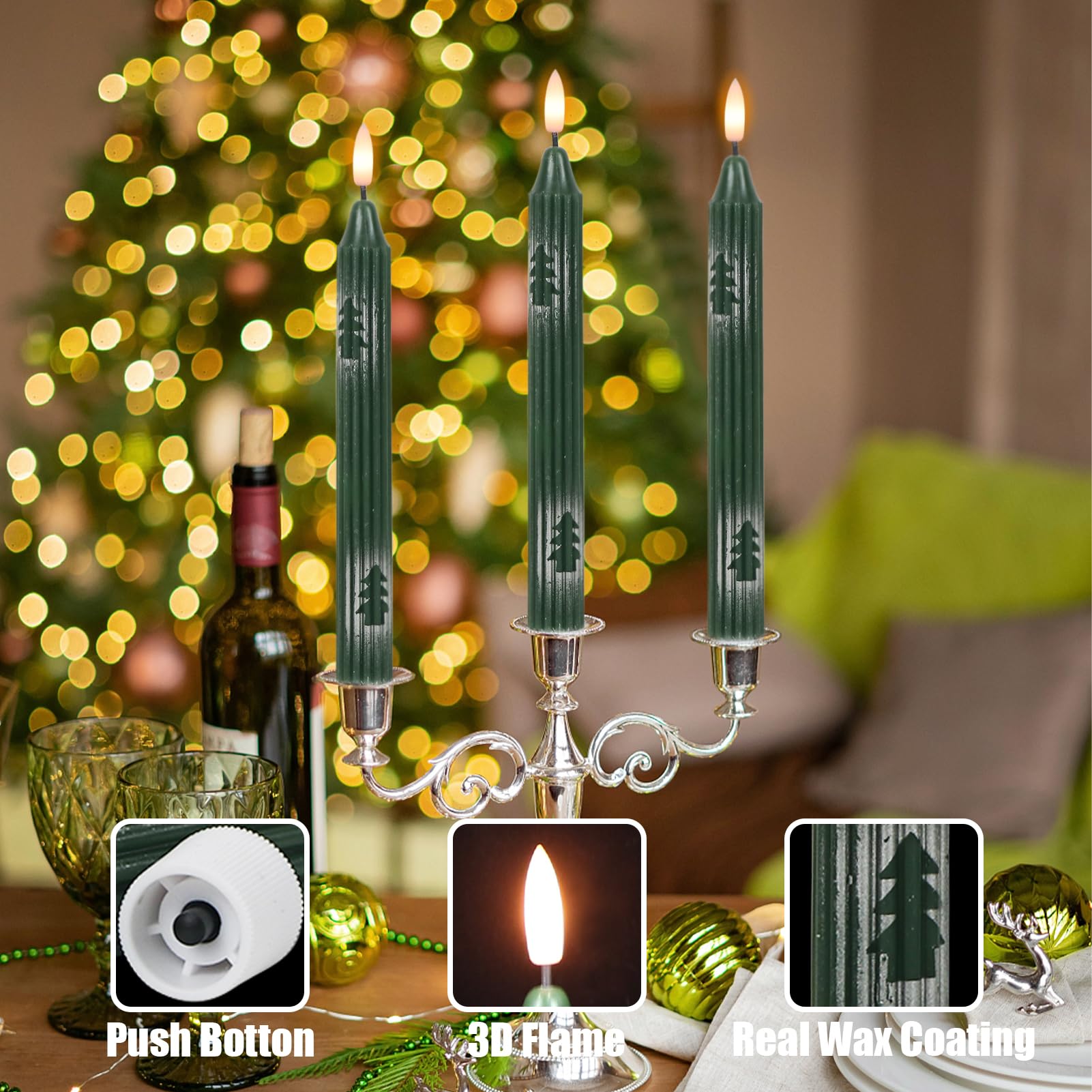 Kunswenn Christmas Flameless Candlesticks, Green Flameless Taper Candles With Remote Timer, 6 Pack Led Tall Candlesticks Battery