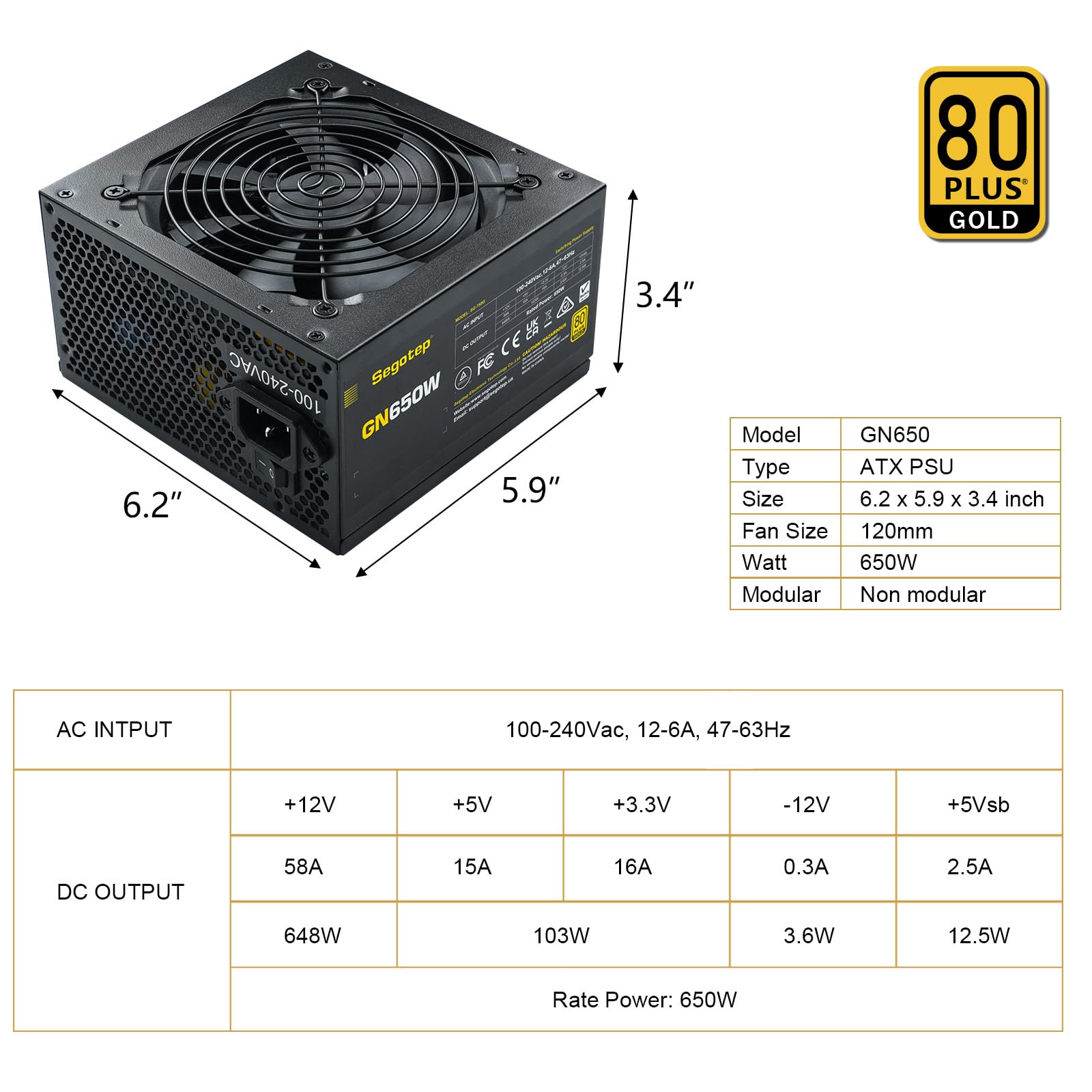 Segotep 650W 80 Plus Gold Certified Non Modular Atx Power Supply With 6+2 Pin Connectors Pfc Protection And Rohs Compliance, 120