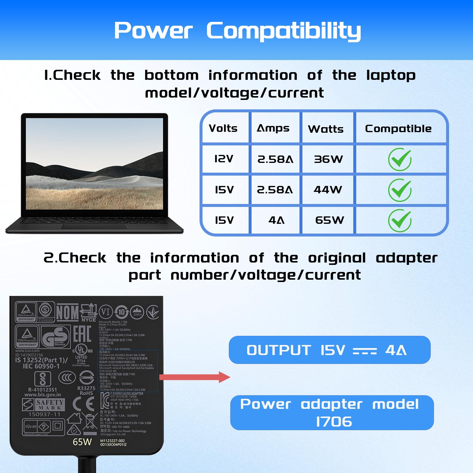 65W 1706 Surface Pro Charger Fit For Microsoft Surface Pro 9 8 7+ 7 6 5 4 3 X Fit Model 1800 1943 1963 1625 1796 1769 1735 Lapto