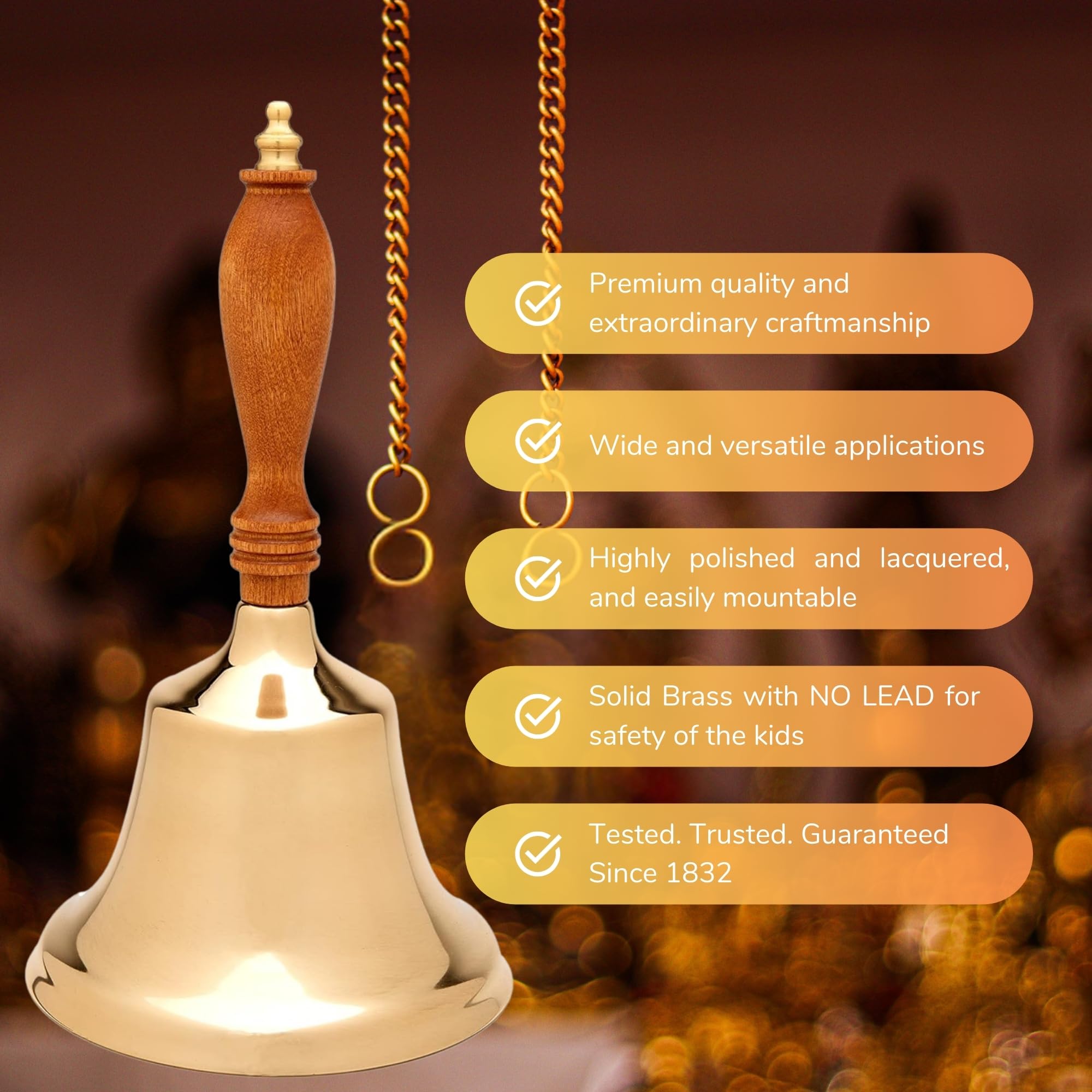 Bevin Bells Solid Brass Hand Bell | 4Hb | New England Hardwood Handle | Elegant Hand Call Bell | Noise Makers | Loud Brass Bells