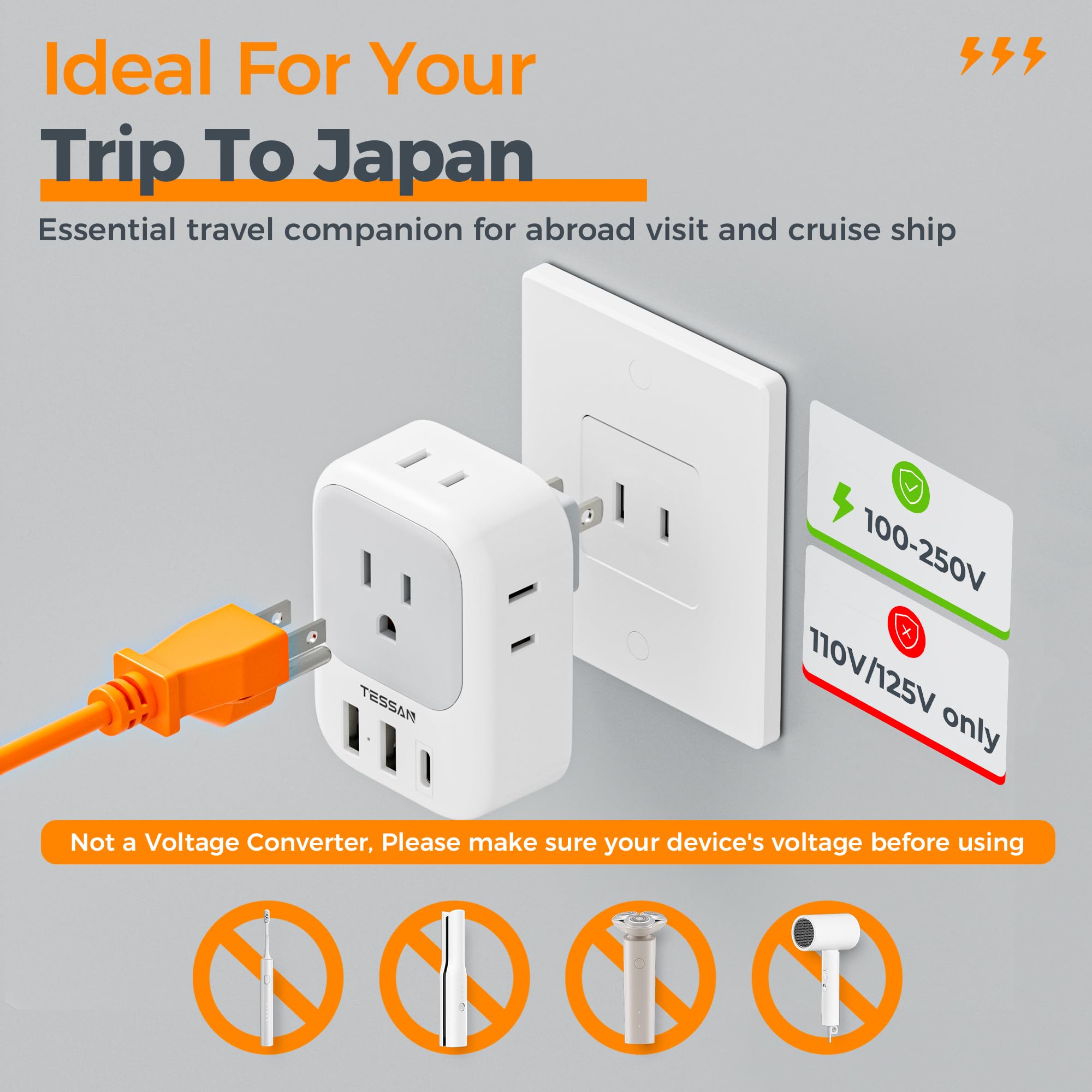 Tessan 2 Prong To 3 Prong Adapter, Multi Plug Outlet Extender With 4 Outlets 3 Usb Ports(1 Usb C), Type A Travel Converter For U