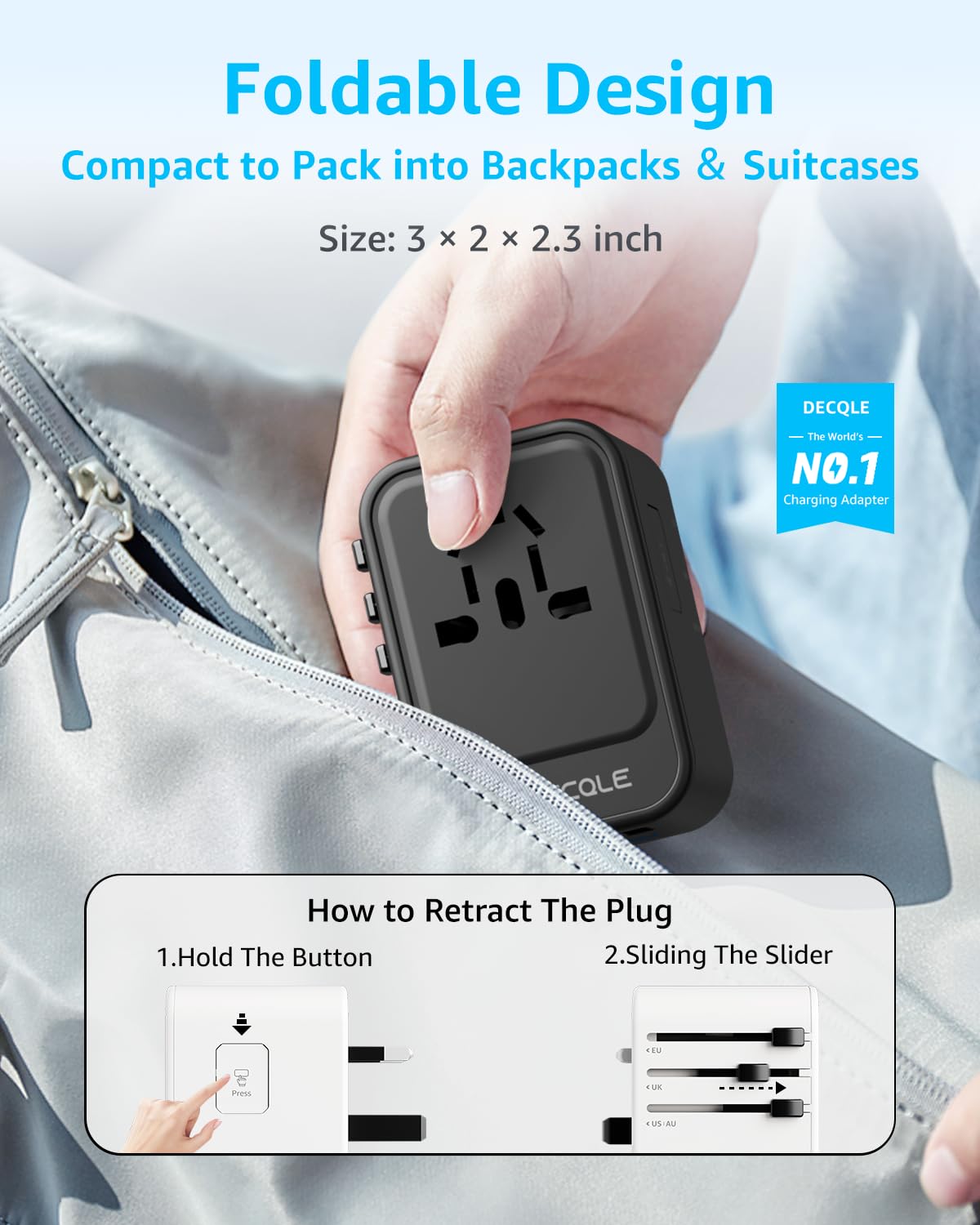 Decqle Universal Travel Adapter, International Travel Plug Adapter With 2 Usb C(Gan 45W) & 1 Usb A Ports, All In One Portable Ad