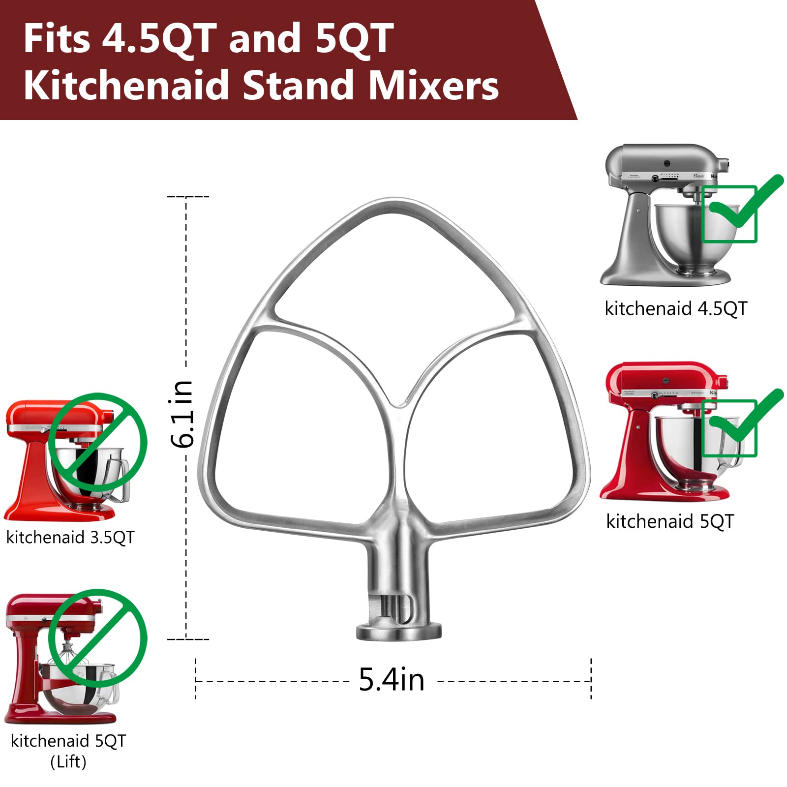 Letoms Paddle Attachment For Kitchen Aid Stand Mixers 4.5 5 Quart, Flex Edge Beater For Kitchenaid, Dishwasher Safe
