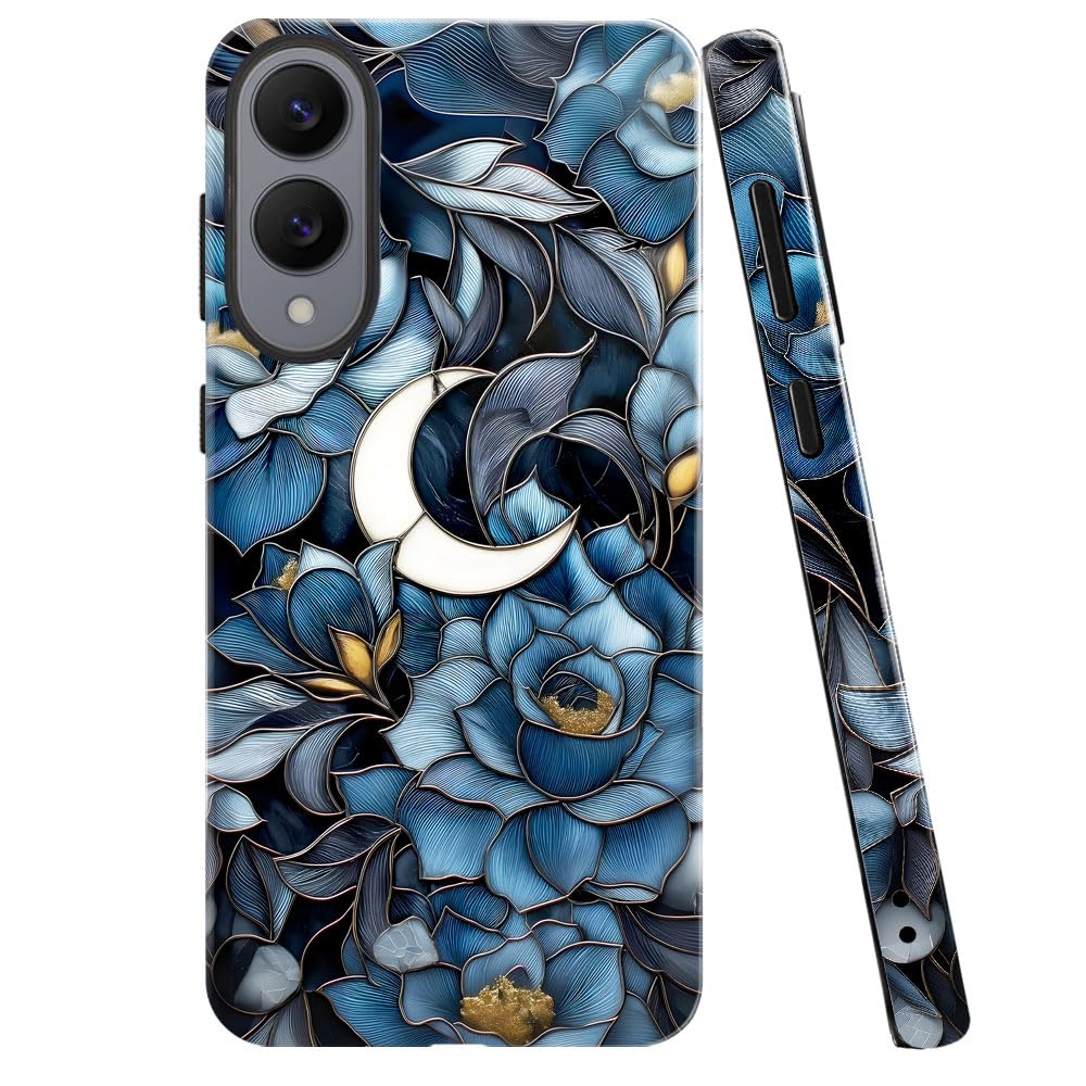 Case for Samsung Galaxy S25 Edge,Stained Glass Floral and Moon Phone Case Military-Grade Drop Protection Cover for Women Girl - 