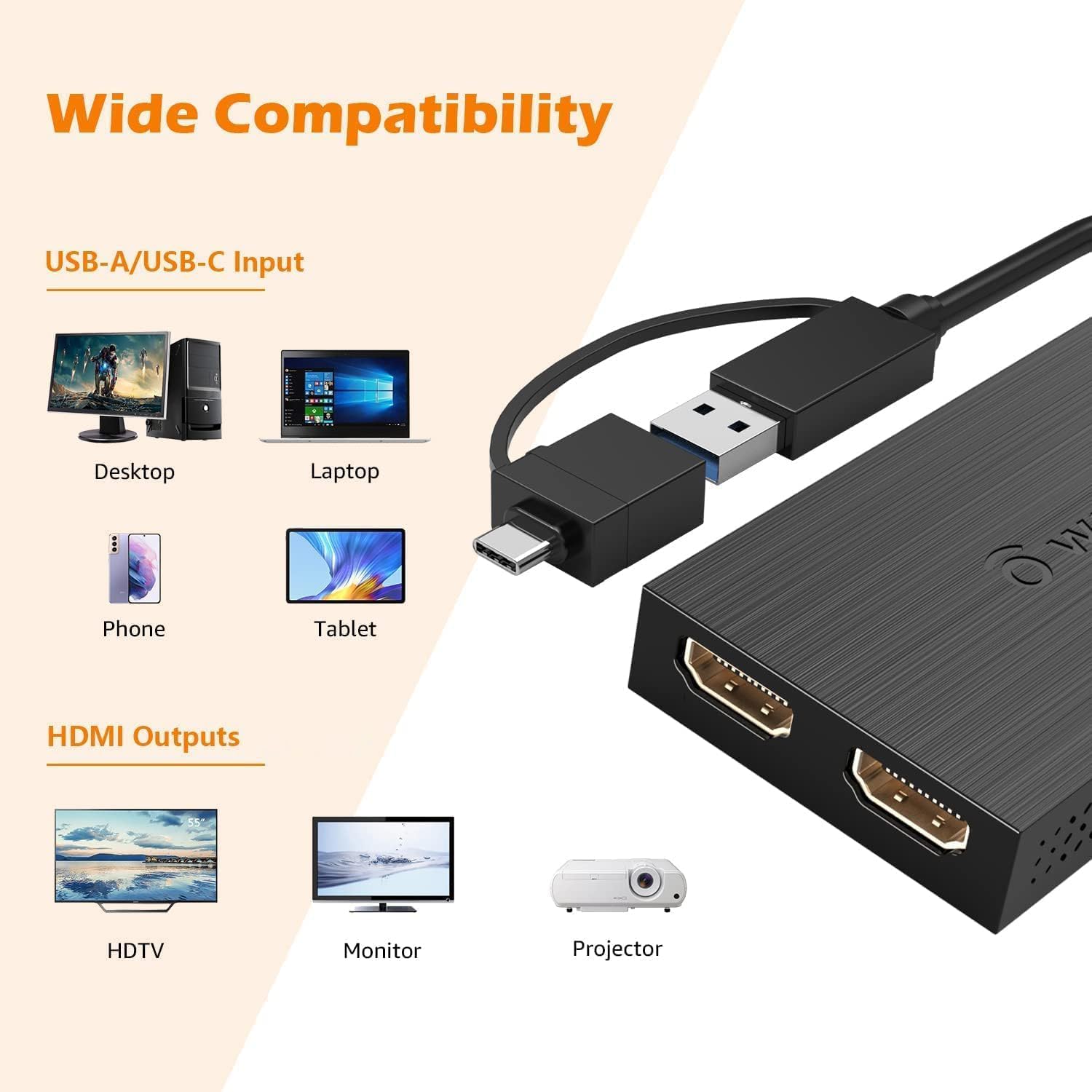 Wavlink Usb 3.0 Or Usb C To Hdmi Adapter For Dual Monitors, Universal Video Graphics Adapter For Mac And Windows, Thunderbolt 3/4, Usb 3.0 Or Usb C, 1080P@60Hz