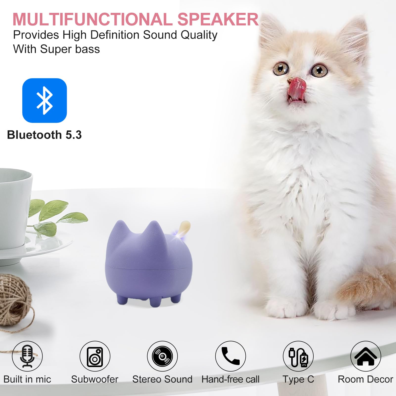 Svemei Small Bluetooth Speaker, Cute Cat Mini Wireless Speakers With Loud Stereo Sound, Built In Mic, Super Bass, Dual Pairing,