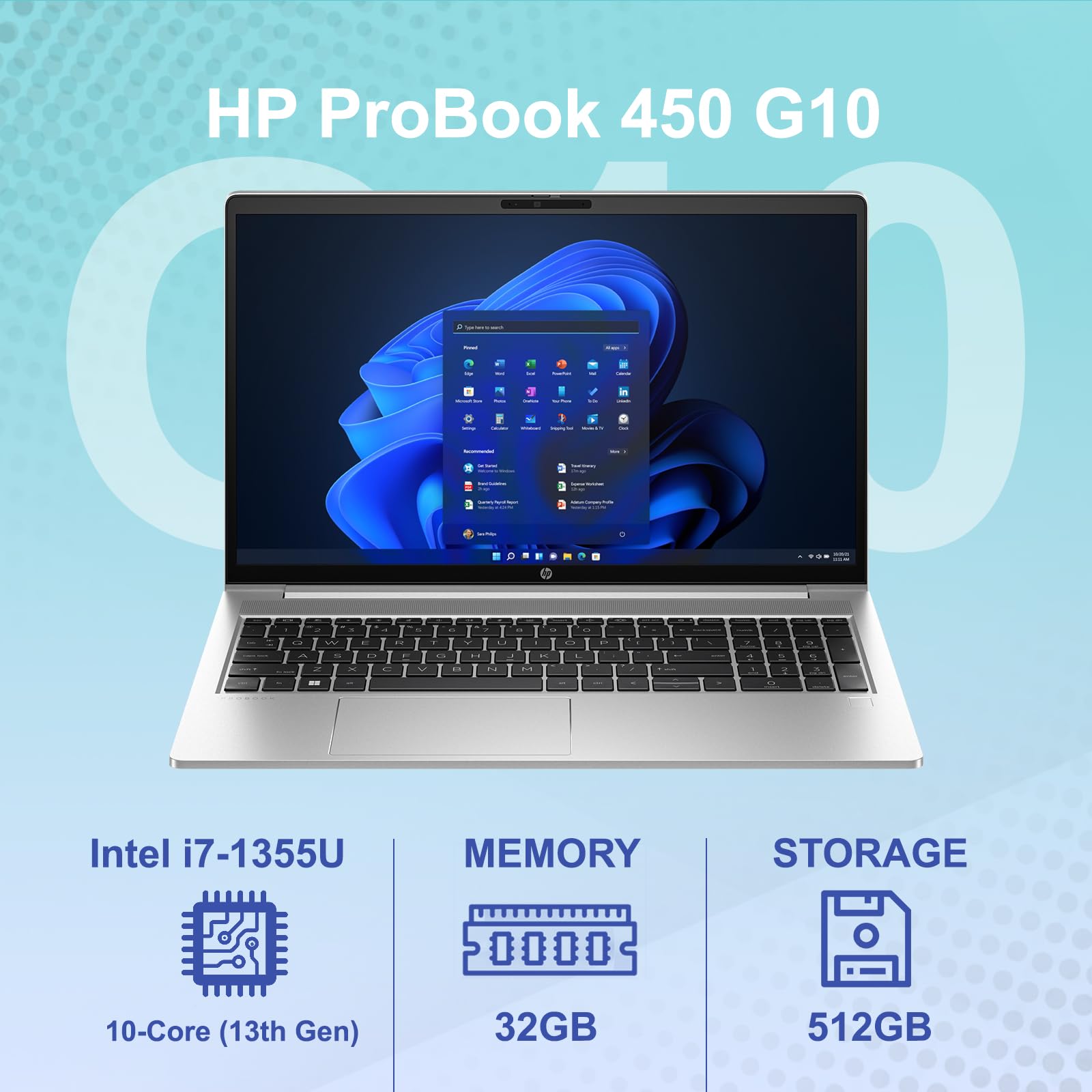 Hp Probook 450 G10 Business Laptop 15.6    Fhd Display, Intel 10 Core I7-1355U, 32Gb Ram, 512Gb Nvme, Wi-Fi 6, Rj-45, Webcam, Hd