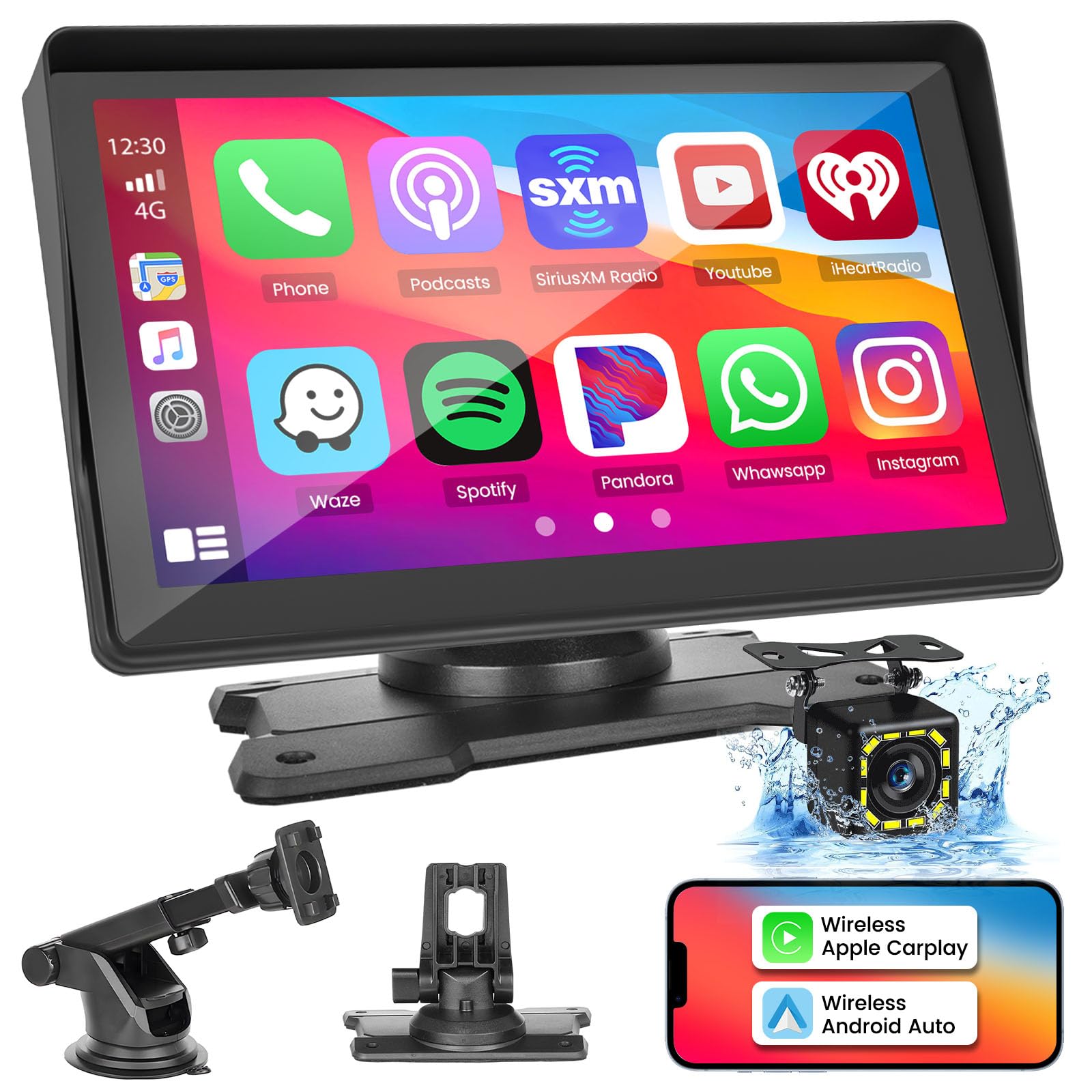 Hikity 7 Inch HD Portable Wireless Apple Carplay and Android Auto Screen, Bluetooth Car Stereo with Airplay Siri AUX USB FM Tran