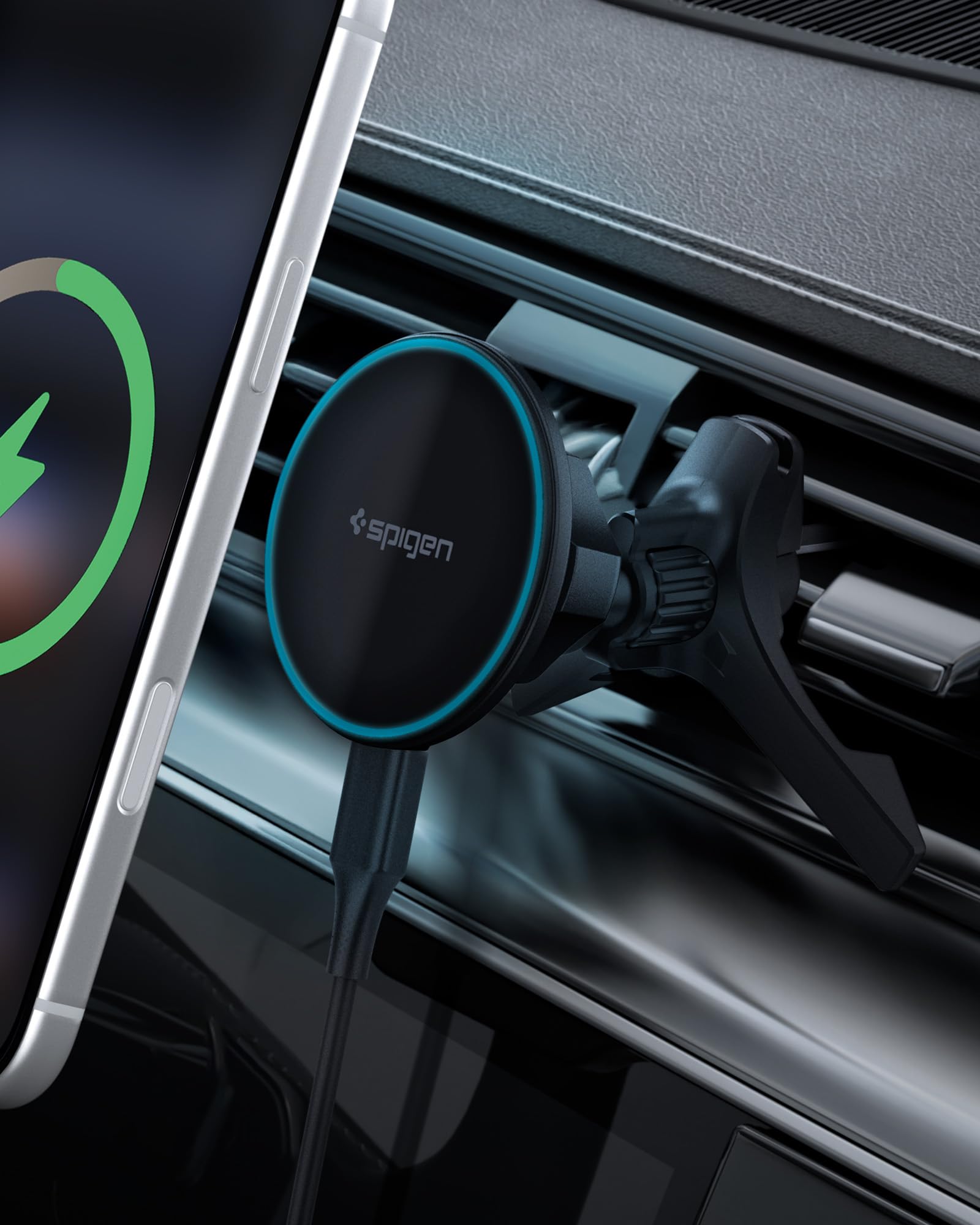 Spigen Essential MagFit Qi2 Ultra-Thin 15W MagSafe Car Mount Charger with Airboost & Dimmed RGB Lights Wireless Car Charger Moun