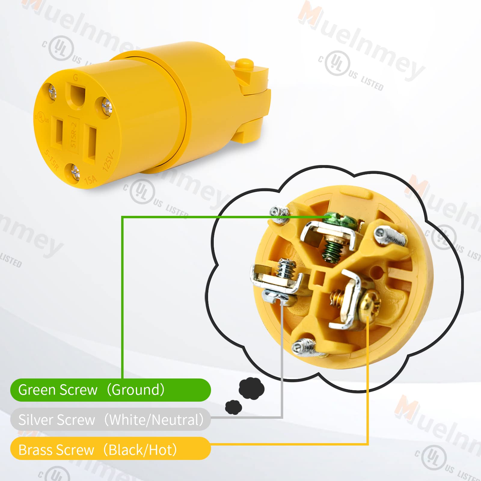 Muelnmey 10Pcs Extension Cord Ends Electrical Replacement Connector Nema 5 15R 15A 125V Yellow Shell 2 Pole 3 Wire Grounding Fem