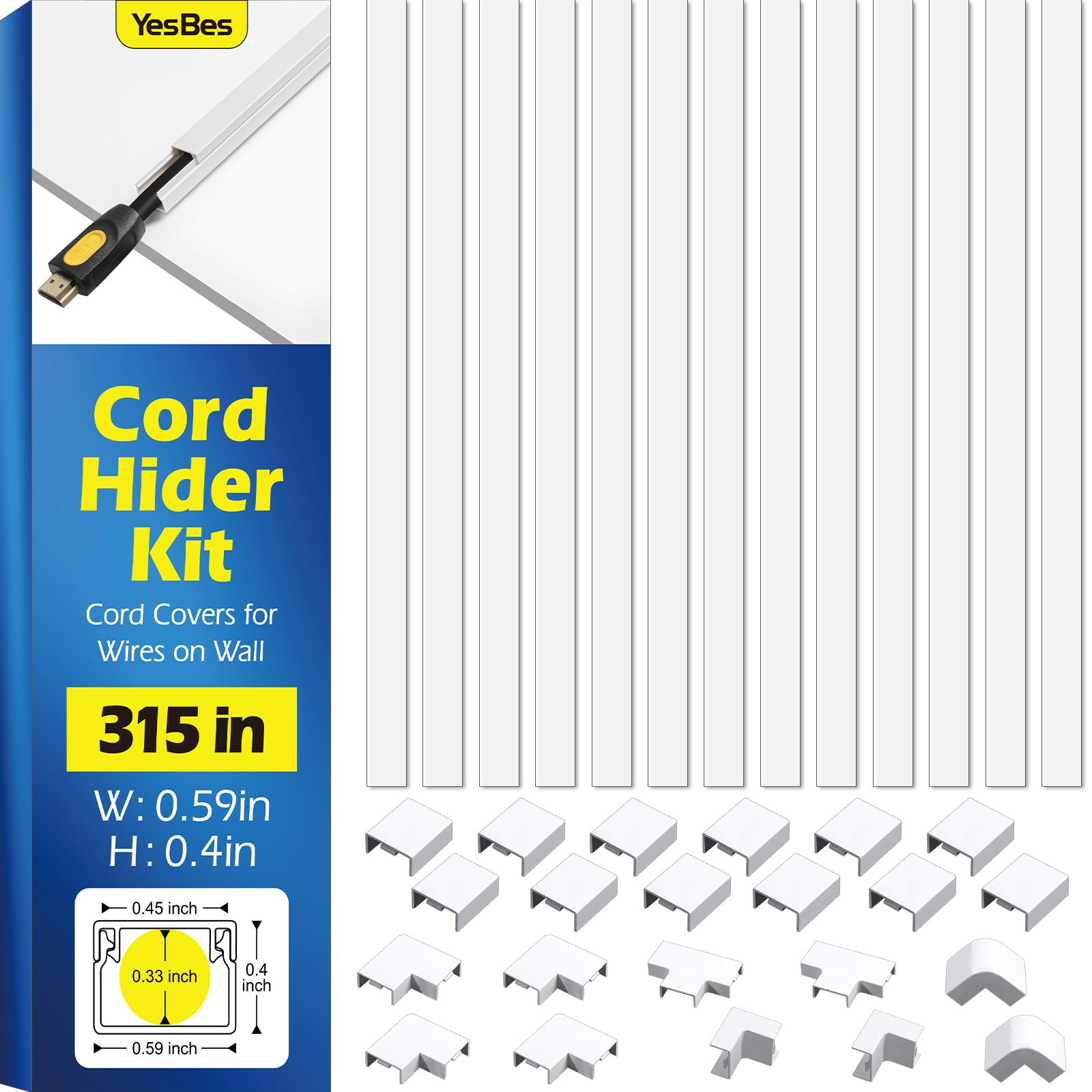 315In Cord Hider Kit, Cord Covers For Wires On Wall, Cord Hider For Wall Mount Tv, Tv Cable Hider Wall Kit, Paintable Cable Race
