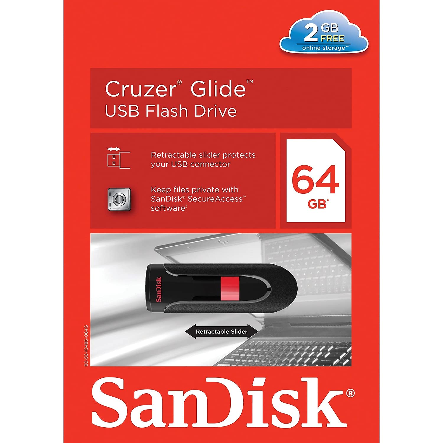 Sandisk Cruzer Glide Usb Flash Drive, 64 Gb, Black/Red (Sdcz60-064G-A46)